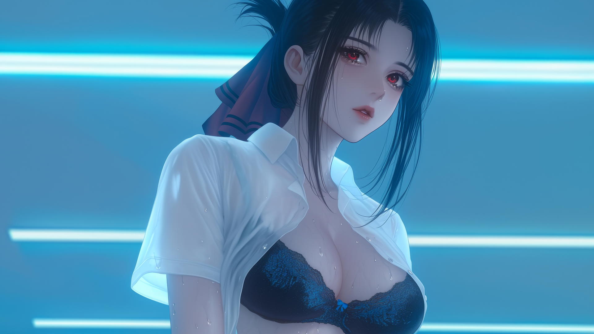 Kaguya Shinomiya kneeling with red eyes in a worn-out office shirt, neon-lit.