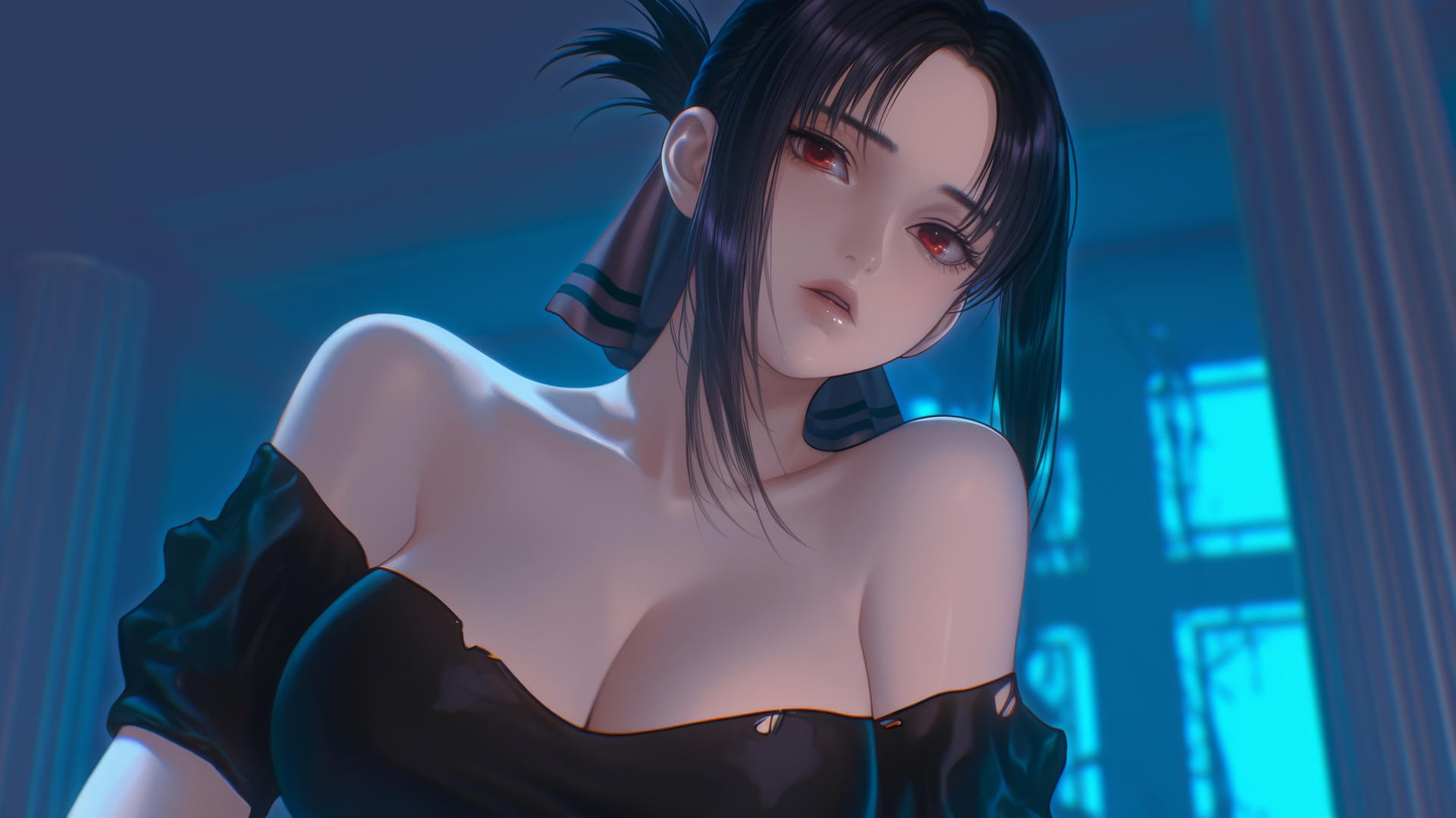 Kaguya Shinomiya kneeling in a worn-out T-shirt, red eyes, neon ceiling lights casting soft glow