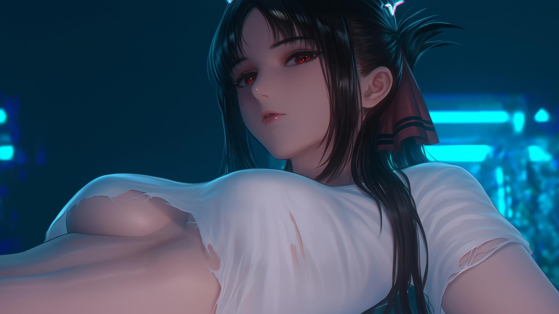 Kaguya Shinomiya kneeling with red eyes, worn-out T-shirt, neon glow.