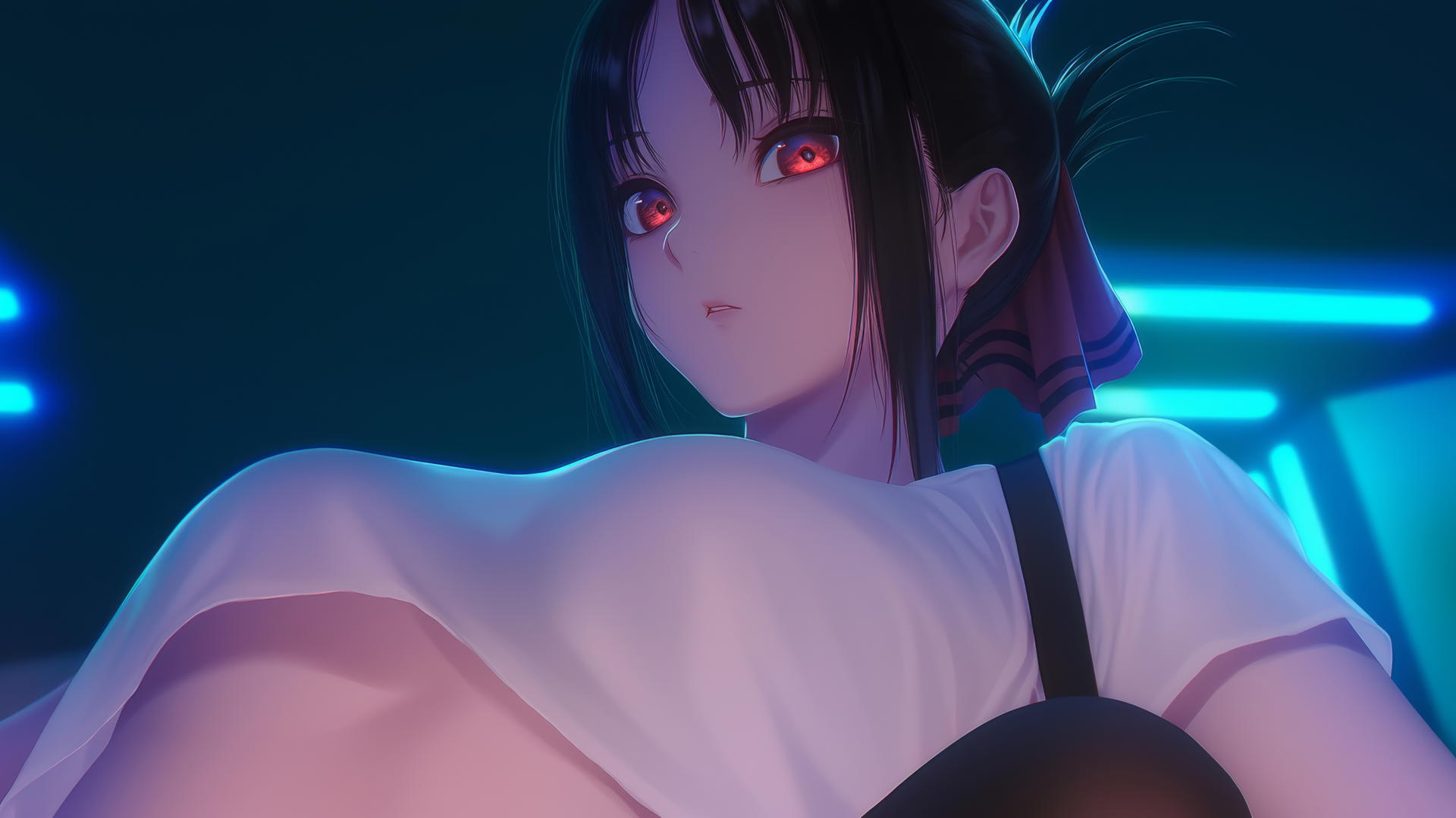 Kaguya Shinomiya kneeling, legs focus, red eyes, worn-out T-shirt, Christmas, neon light glow.