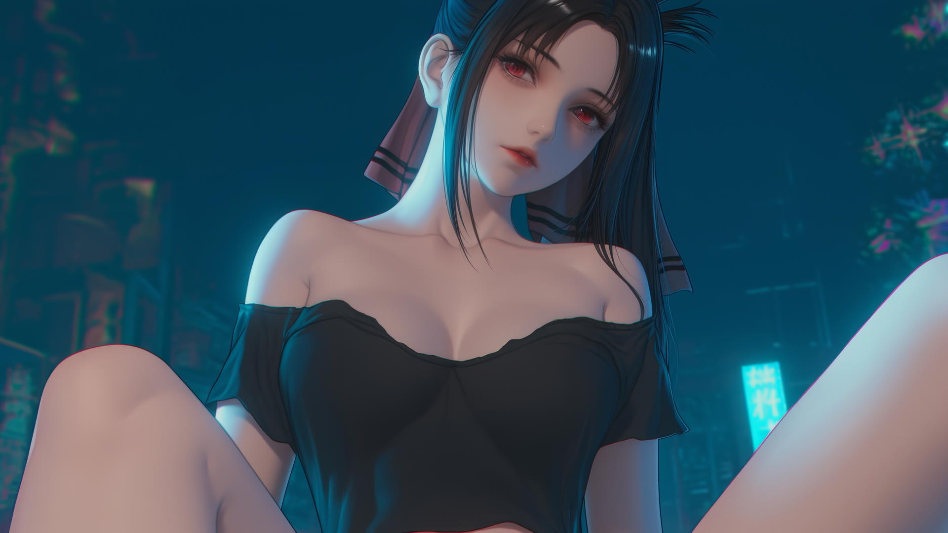 Kaguya Shinomiya kneeling, wearing a worn-out t-shirt with red eyes, under neon Christmas lights.