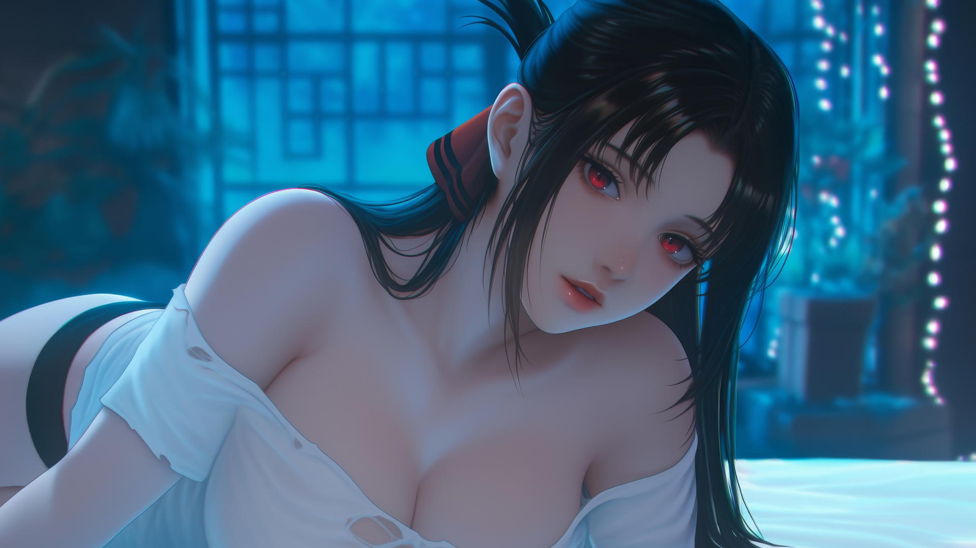 Kaguya Shinomiya from Kaguya-sama: Love is War kneeling, seen from below, red eyes, wearing a worn-out t-shirt with neon light overhead.