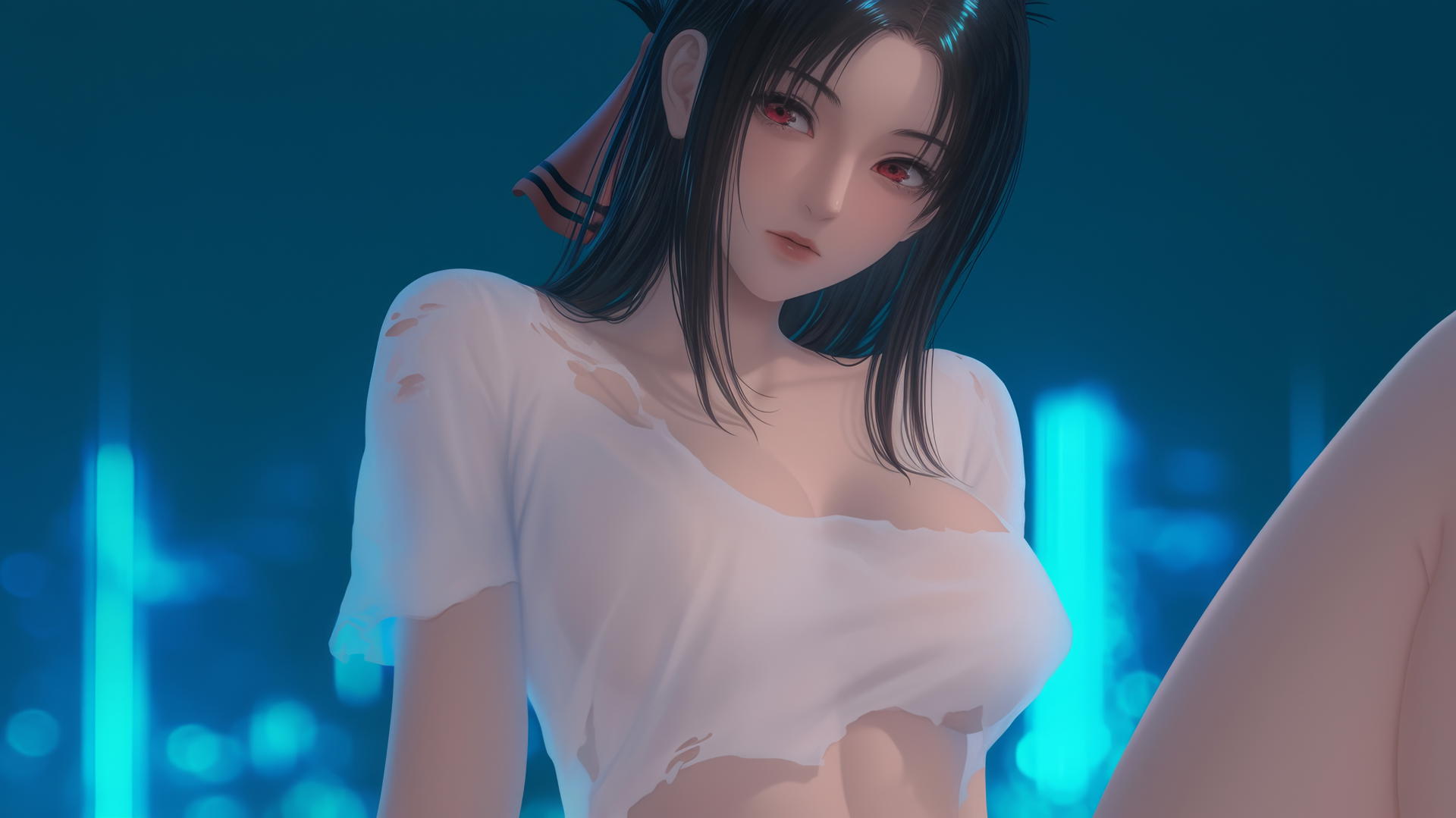 Kaguya Shinomiya kneeling, looking down, worn-out t-shirt, neon ceiling lights