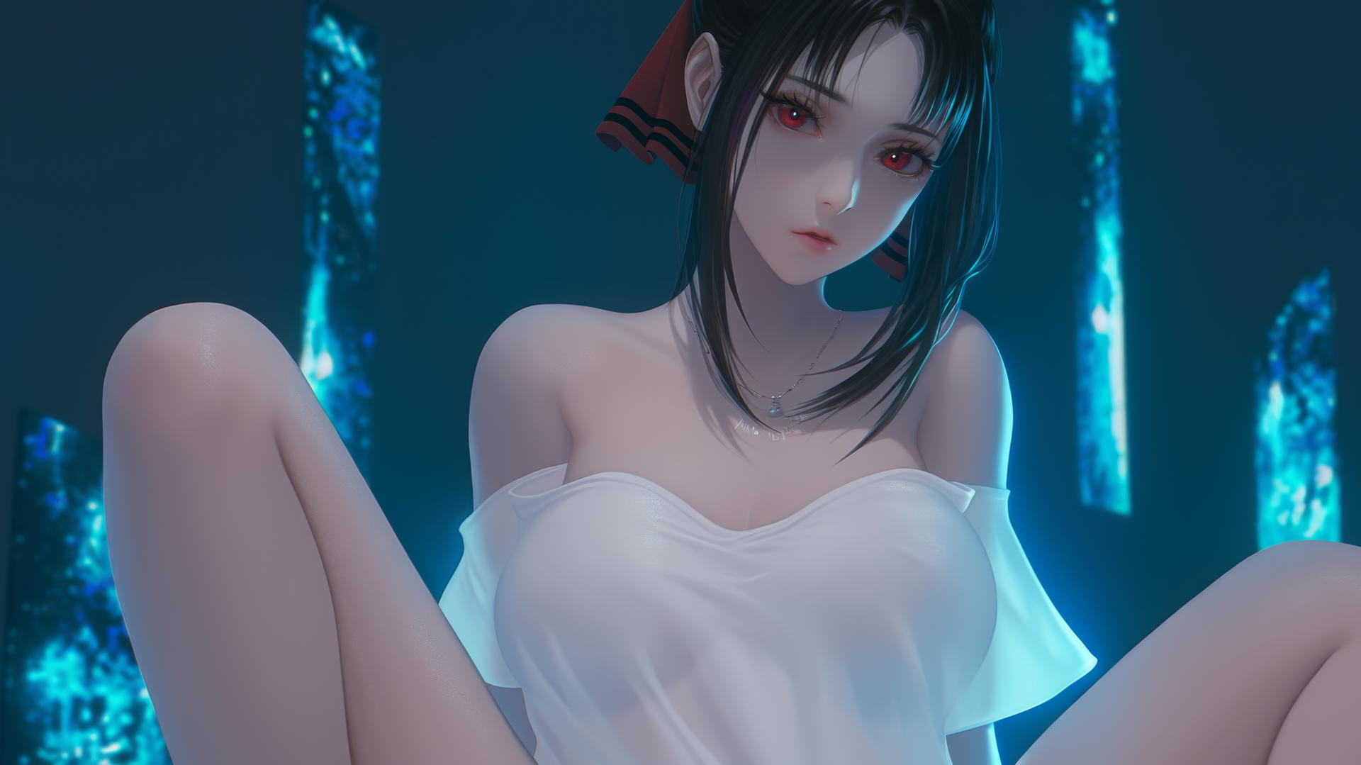 Kaguya Shinomiya kneeling with red eyes in a worn-out t-shirt, neon ceiling light glow.