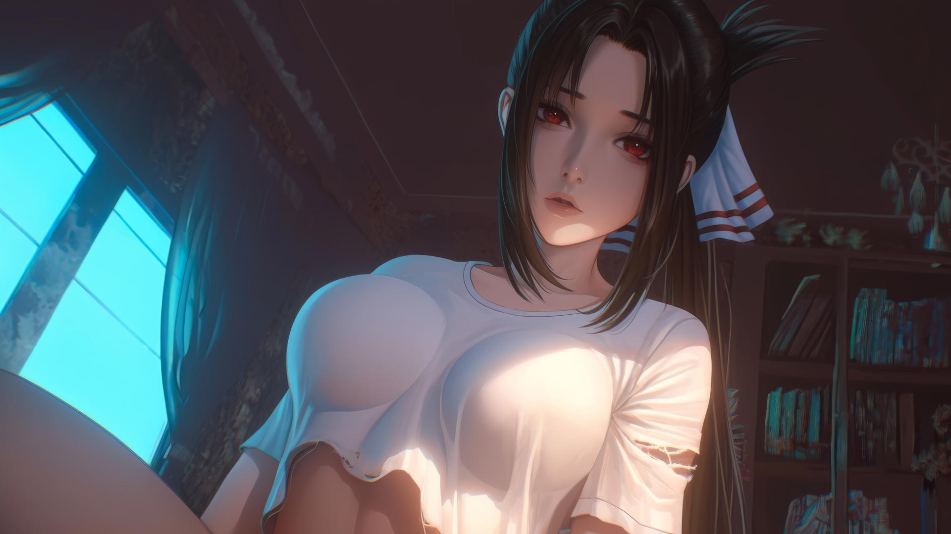 Kaguya Shinomiya with red eyes, wearing a worn-out t-shirt, kneeling with a soft neon glow.