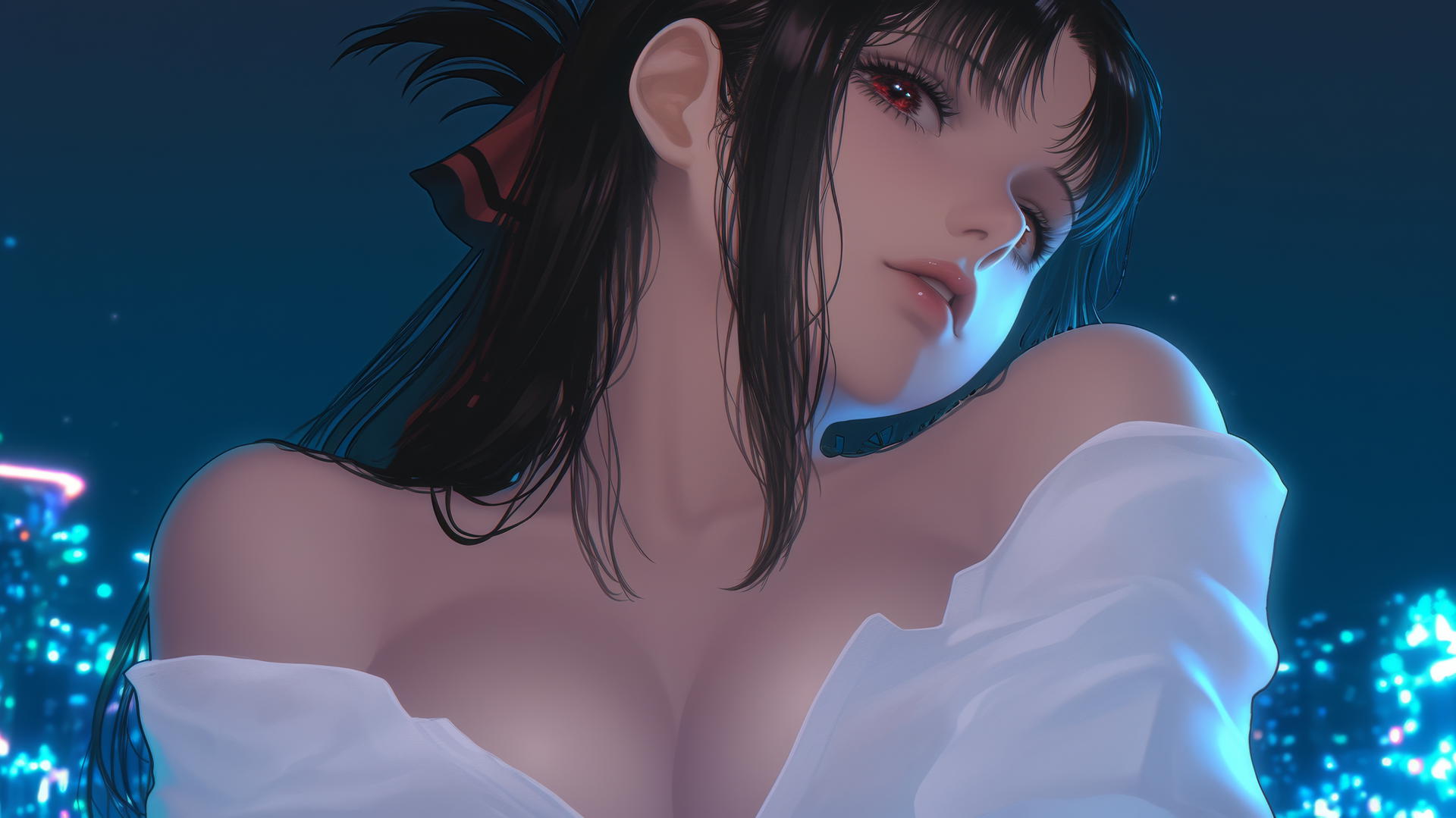 Kaguya Shinomiya with red eyes, worn-out office shirt, under neon ceiling lights, kneeling.