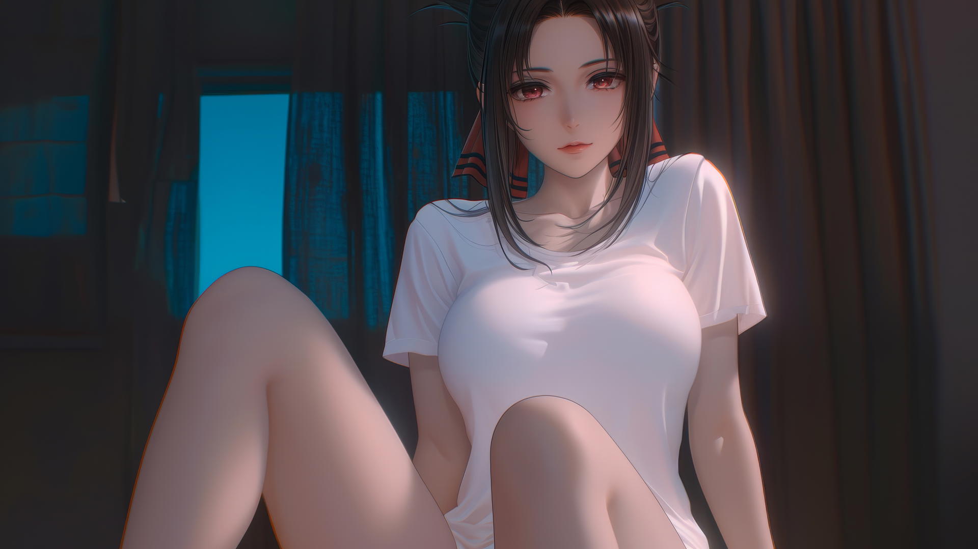 Kaguya Shinomiya kneels in white t-shirt, looks down with red eyes, warm neon lighting.