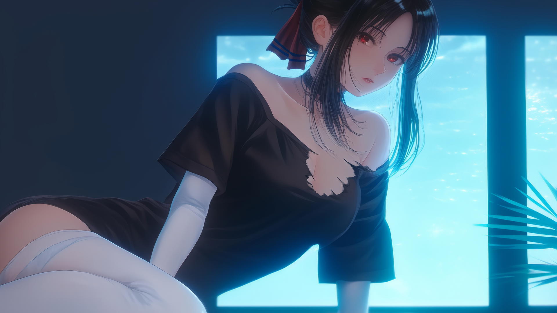 Kaguya Shinomiya kneeling, red eyes, broken T-shirt, warm and neon light.