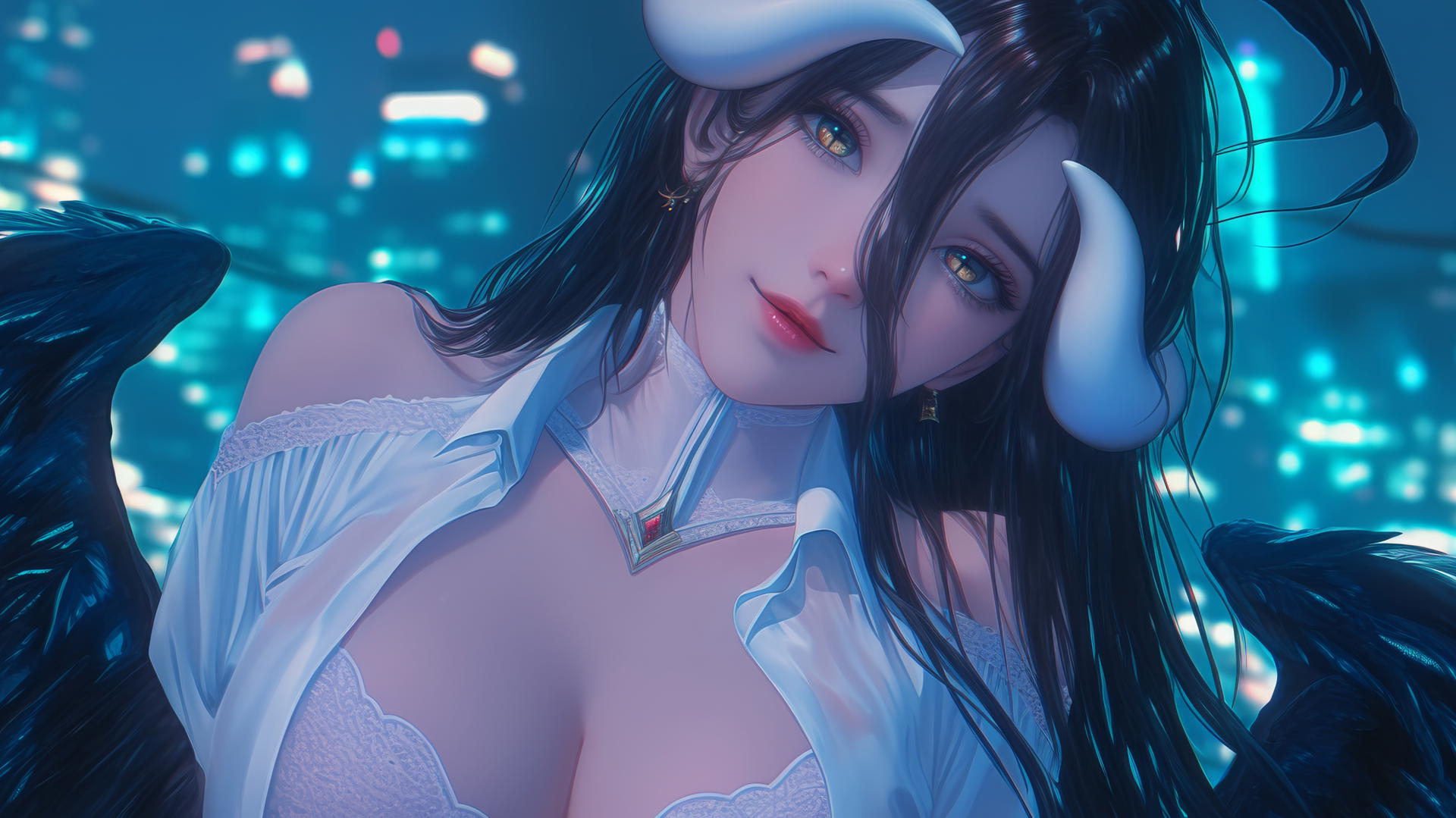 Albedo from Overlord kneeling and looking down with horns, white shirt, neon light