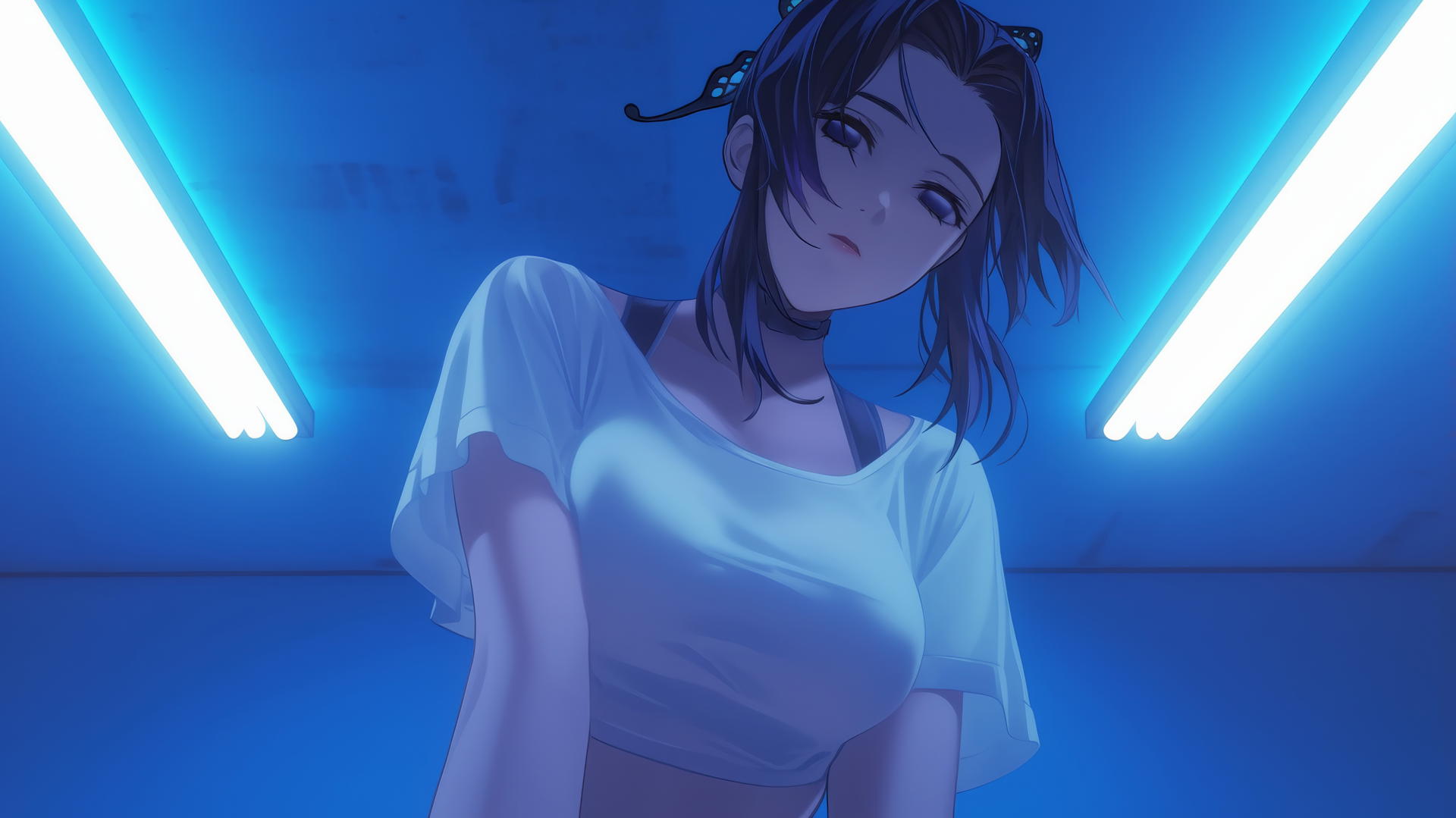 Shinobu Kocho from Demon Slayer kneeling, leaning forward with a broken white shirt, warm and neon lights from hotel ceiling casting a soft glow.