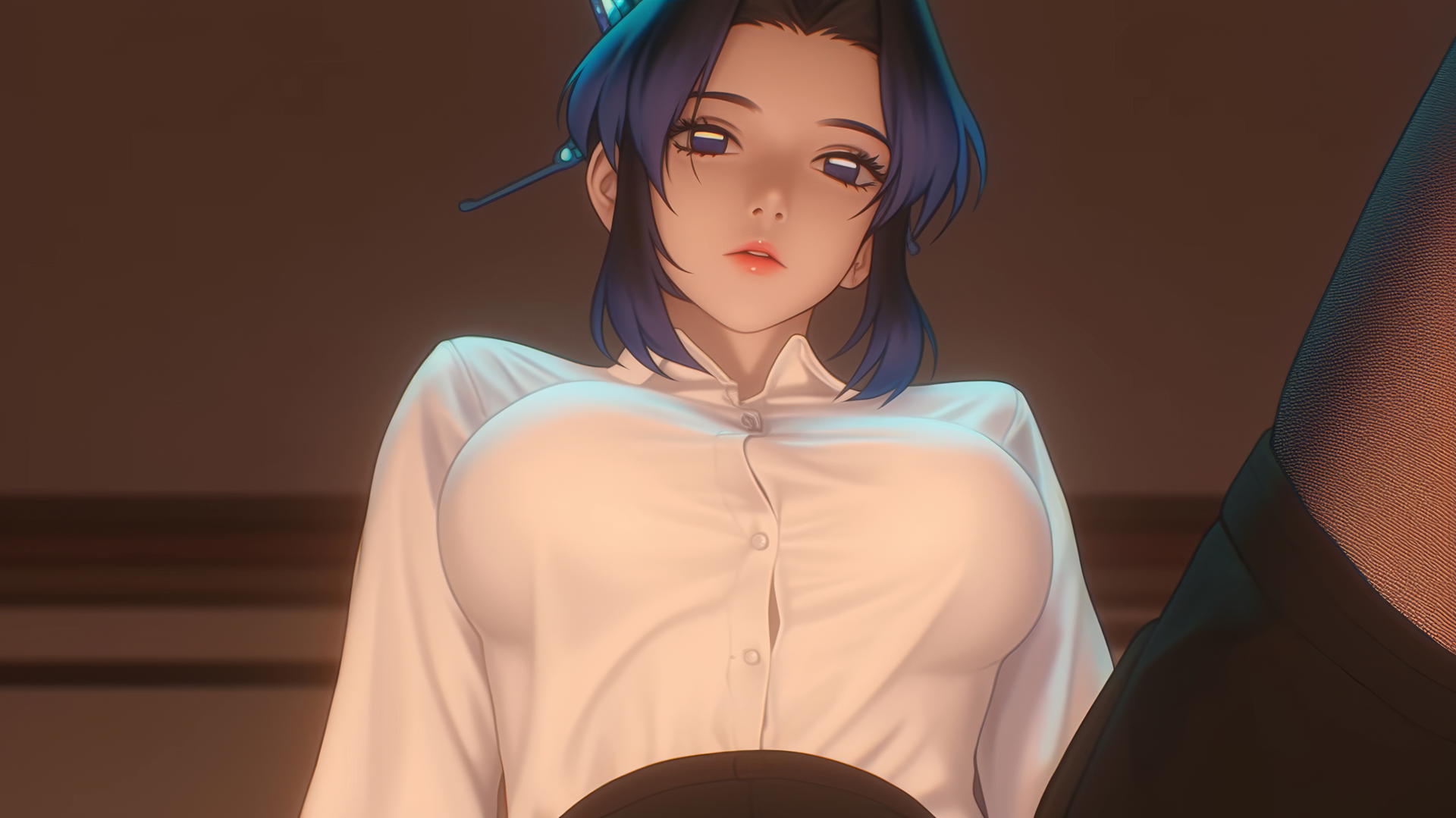 Shinobu Kocho from Demon Slayer in a broken white office shirt, kneeling under a hotel ceiling with warm neon lights, looking down.