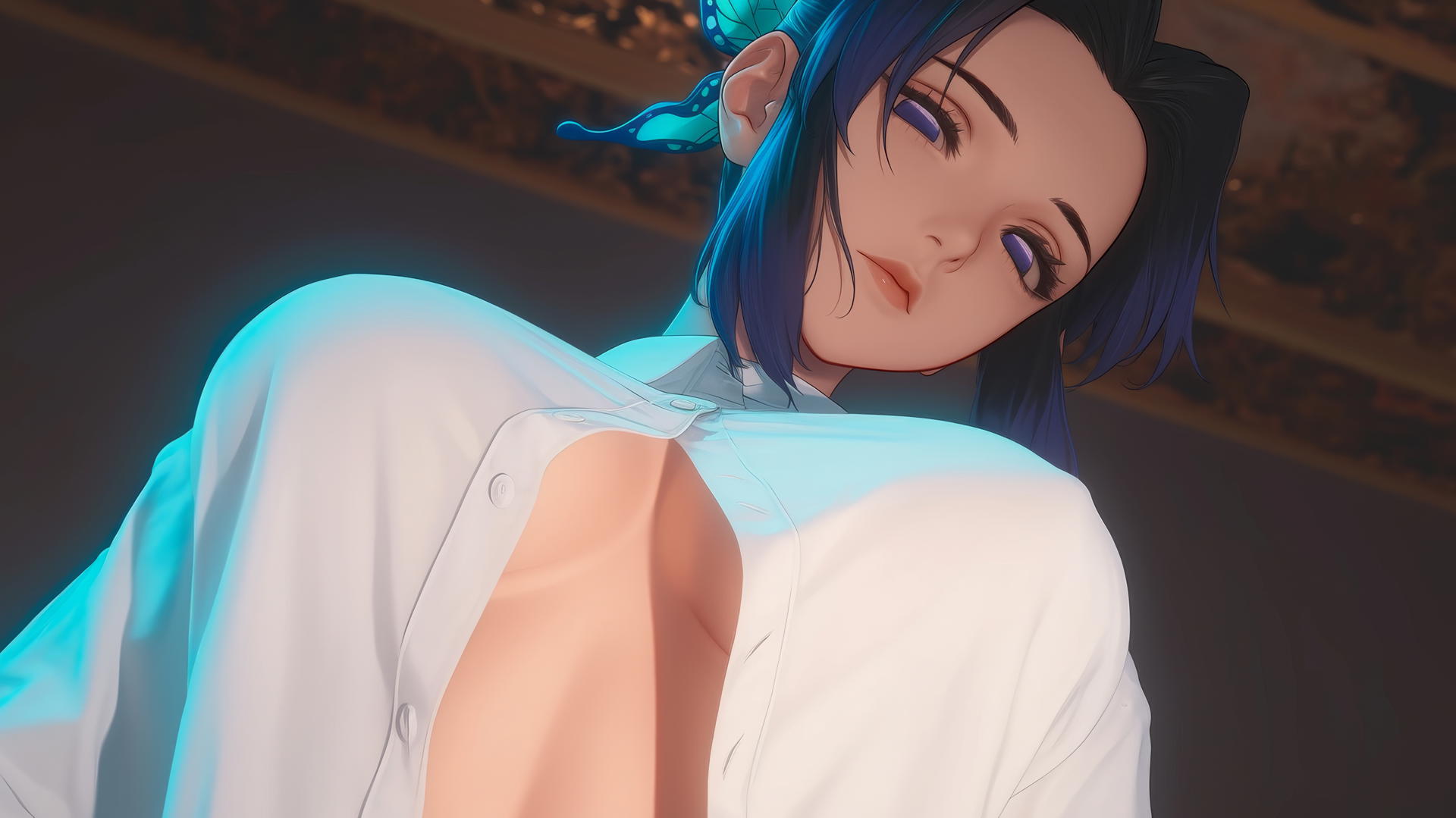 Shinobu Kocho from Demon Slayer kneeling with broken white office shirt under warm and neon lights.