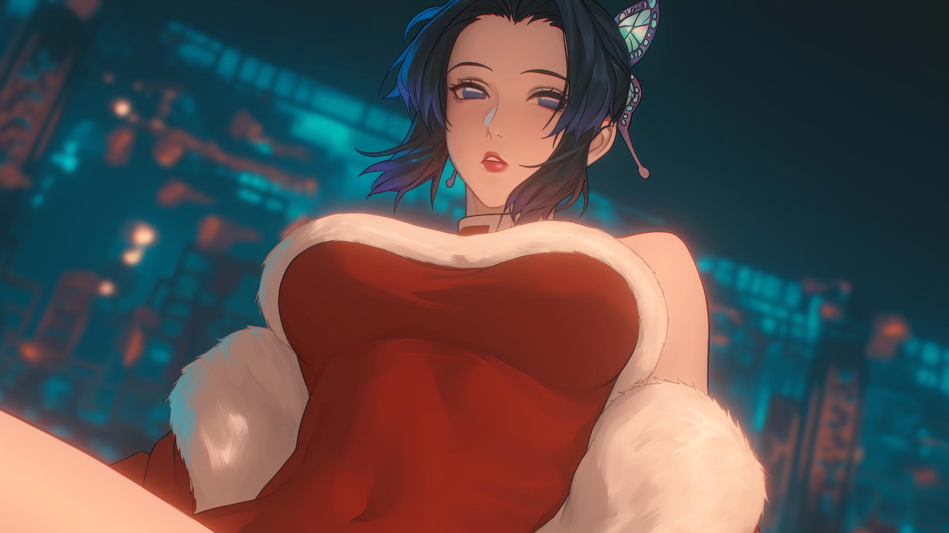 Shinobu Kocho in Christmas attire kneeling under warm neon hotel lights