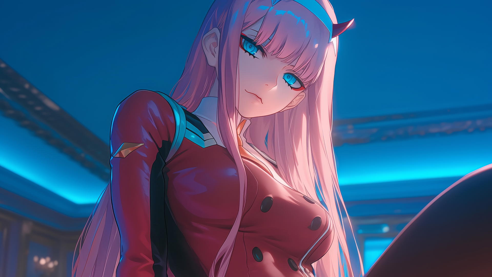 Zero Two from DARLING in the FRANXX seen from below, long pink hair, hotel ceiling background, warm neon light glow.