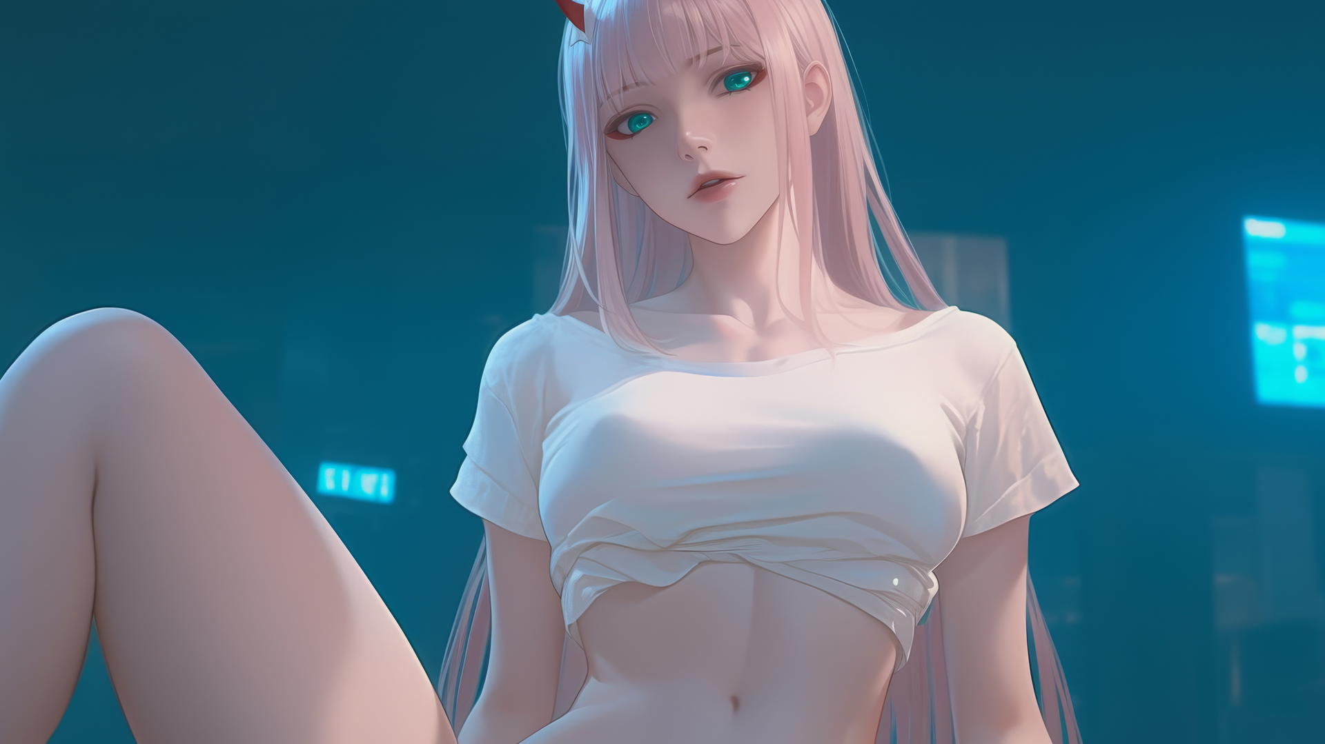Zero Two kneeling in a hotel room with a warm, neon-lit ceiling.