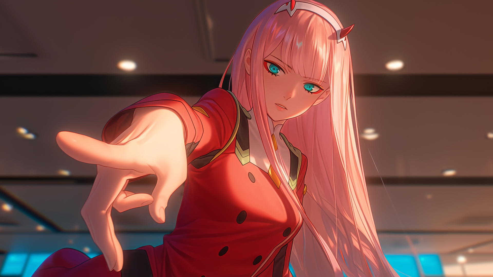 Zero Two from DARLING in the FRANXX with long pink hair, seen from below against a hotel ceiling with warm and neon lights.