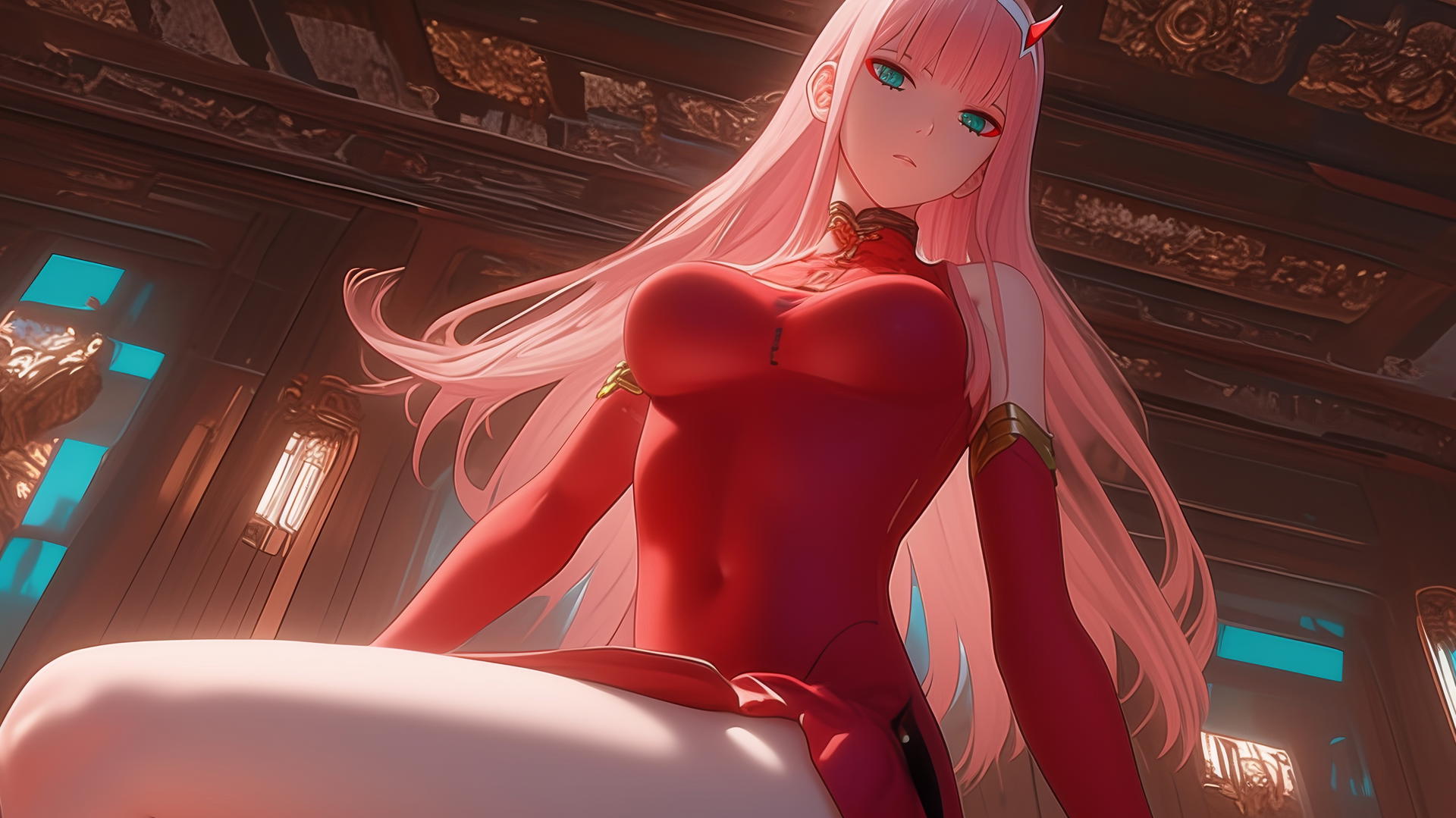 Zero Two from DARLING in the FRANXX kneeling, looking down with neon-lit ceiling background.
