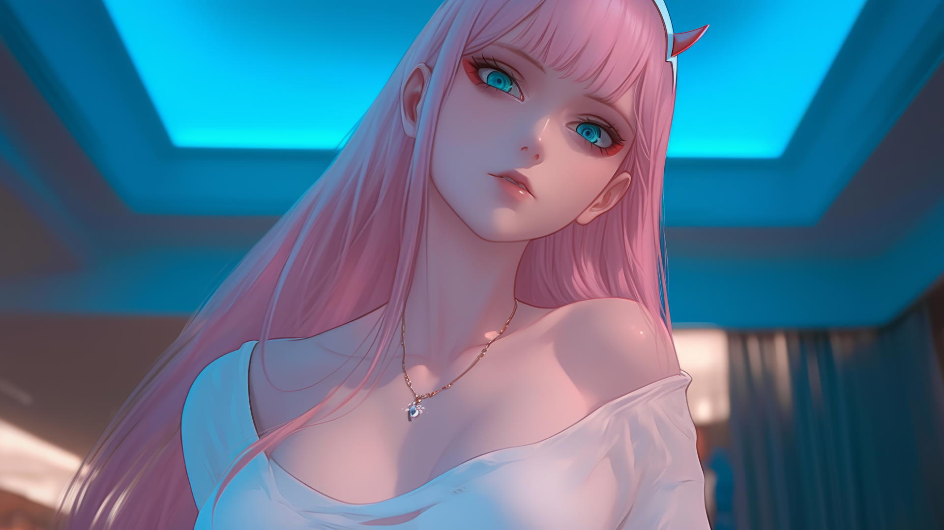 Zero Two from DARLING in the FRANXX with pink hair, in worn out t-shirt, kneeling and leaning forward, warm and neon light.