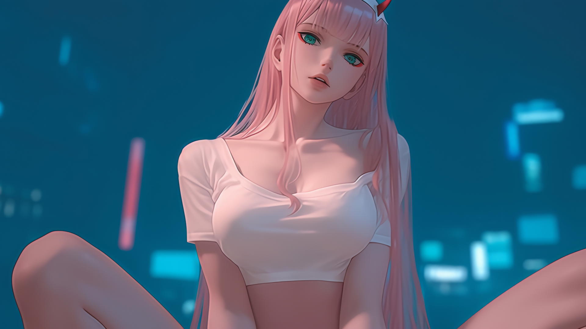 Zero Two from DARLING in the FRANXX seen from below with pink hair under warm neon light.