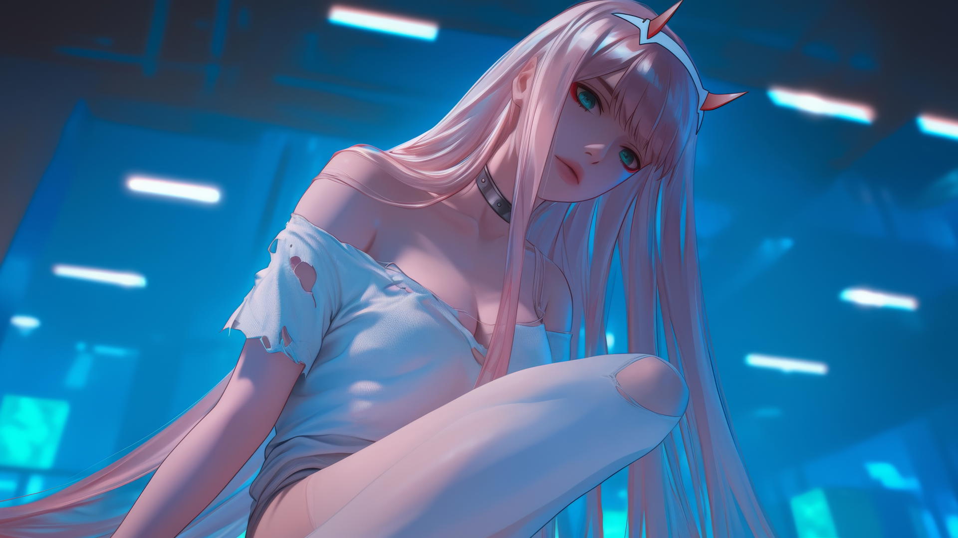 Zero Two from DARLING in the FRANXX seen from below, with pink hair, neon-lit hotel ceiling, worn-out t-shirt.