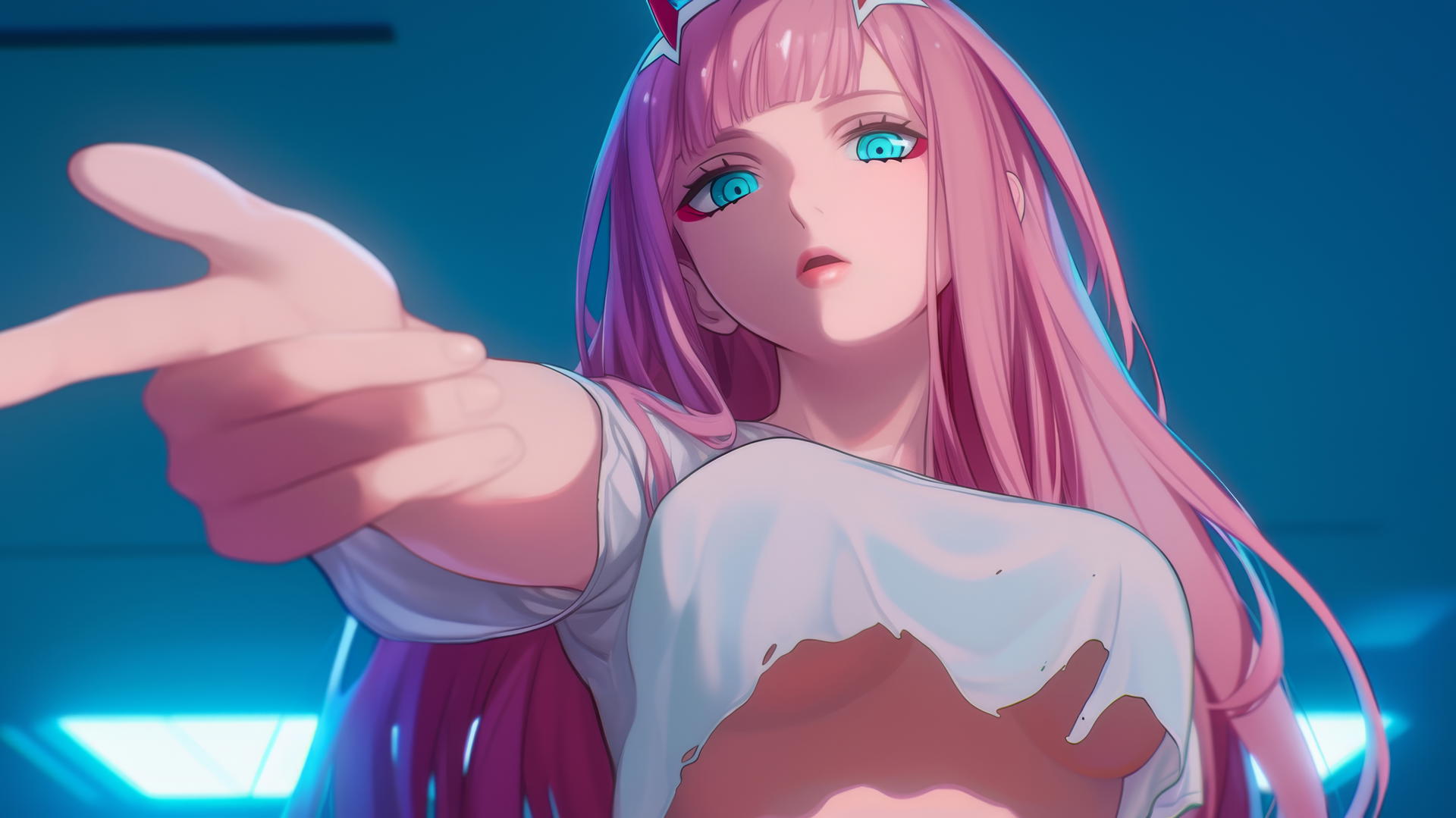 Zero Two from DARLING in the FRANXX seen from below with long pink hair and broken t-shirt, under warm and neon light.