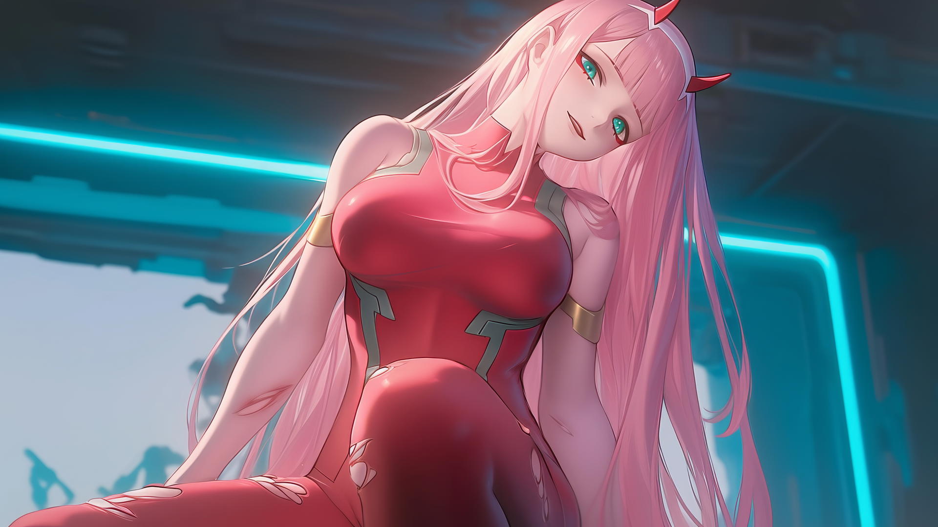Zero Two from DARLING in the FRANXX, seen from below, with long pink hair, kneeling and looking down, warm and neon lights.