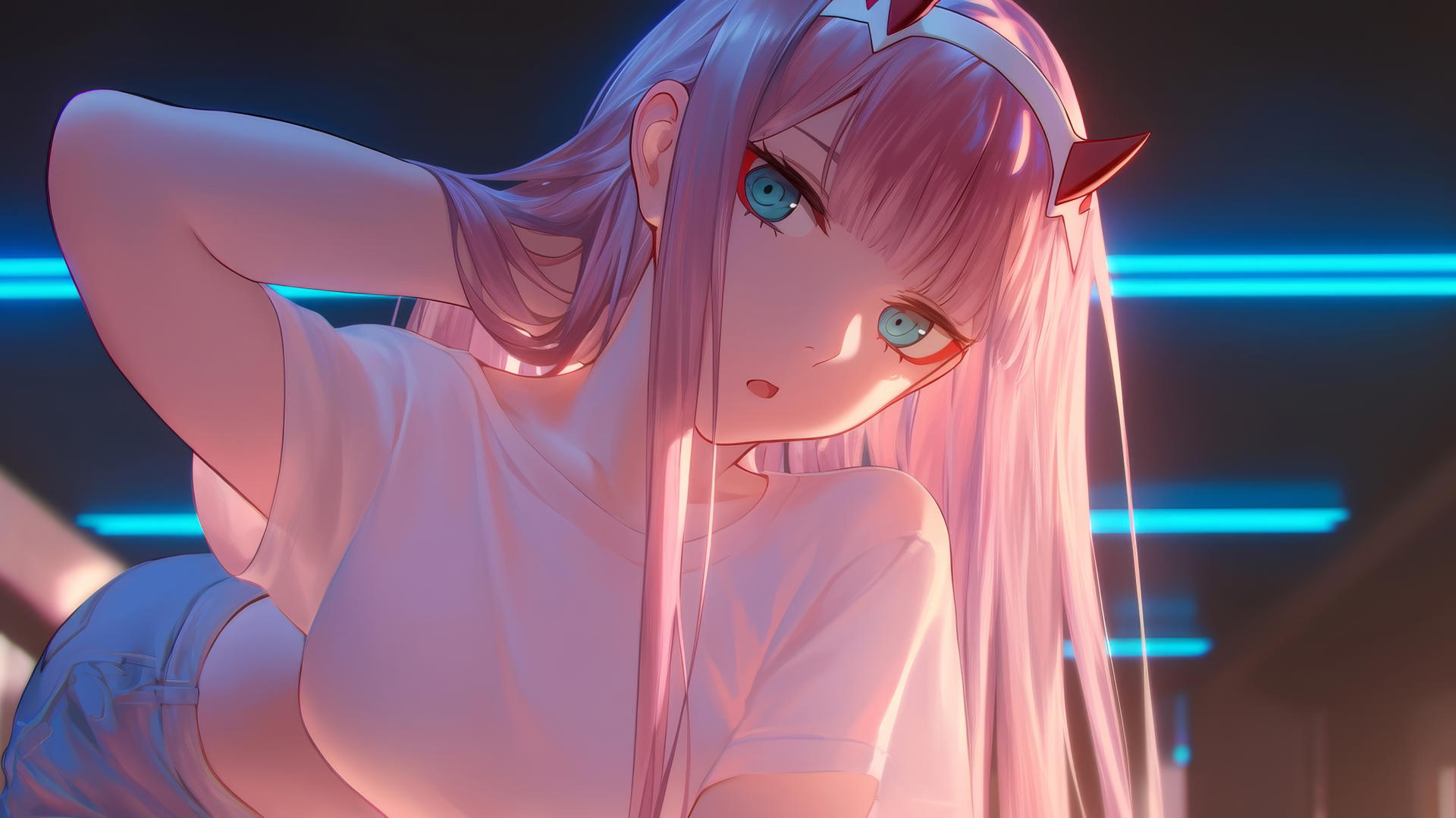 Zero Two from DARLING in the FRANXX kneeling with pink hair under warm neon lights.