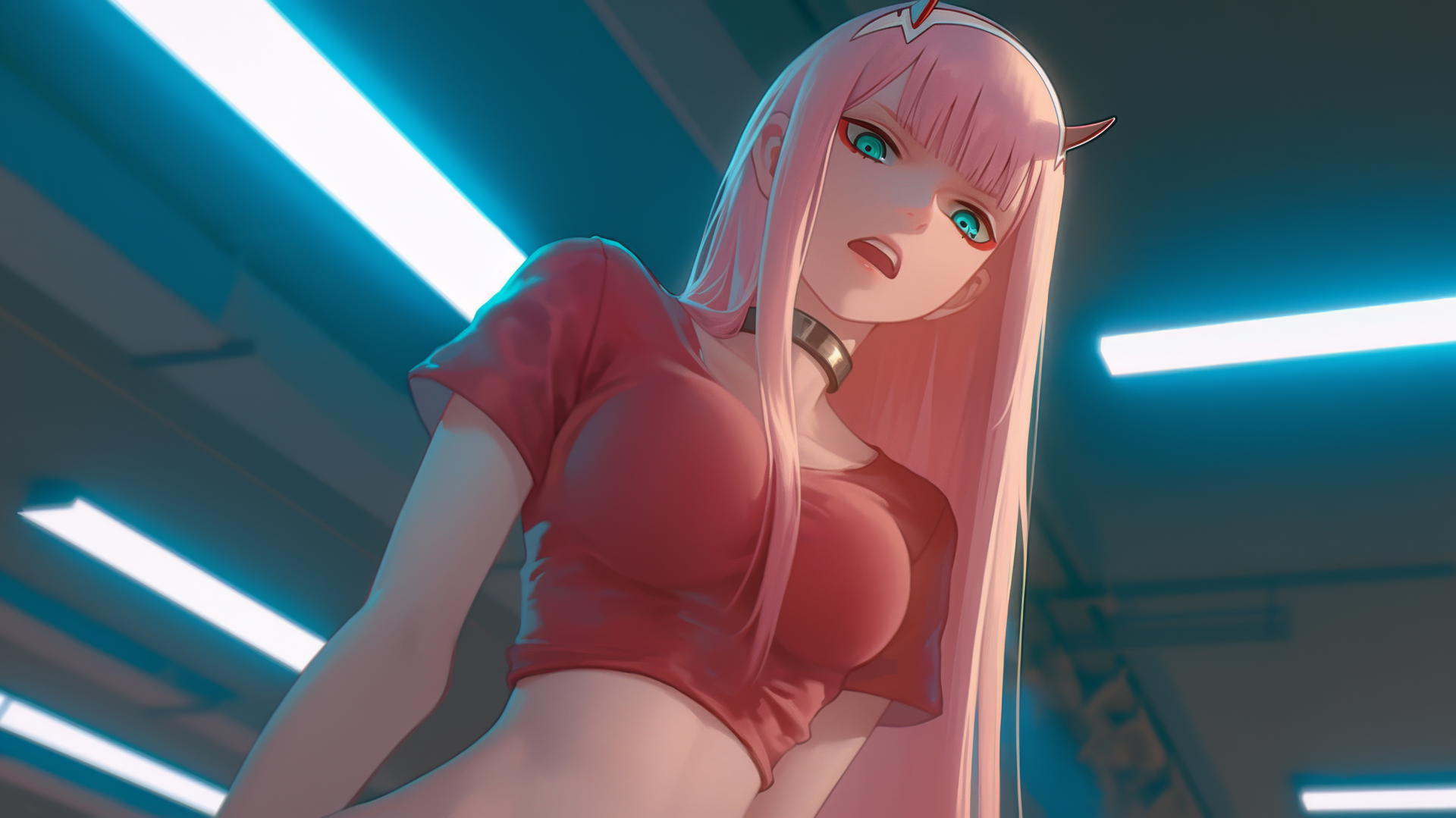 Zero Two from DARLING in the FRANXX, kneeling with long pink hair, neon-lit ceiling background.