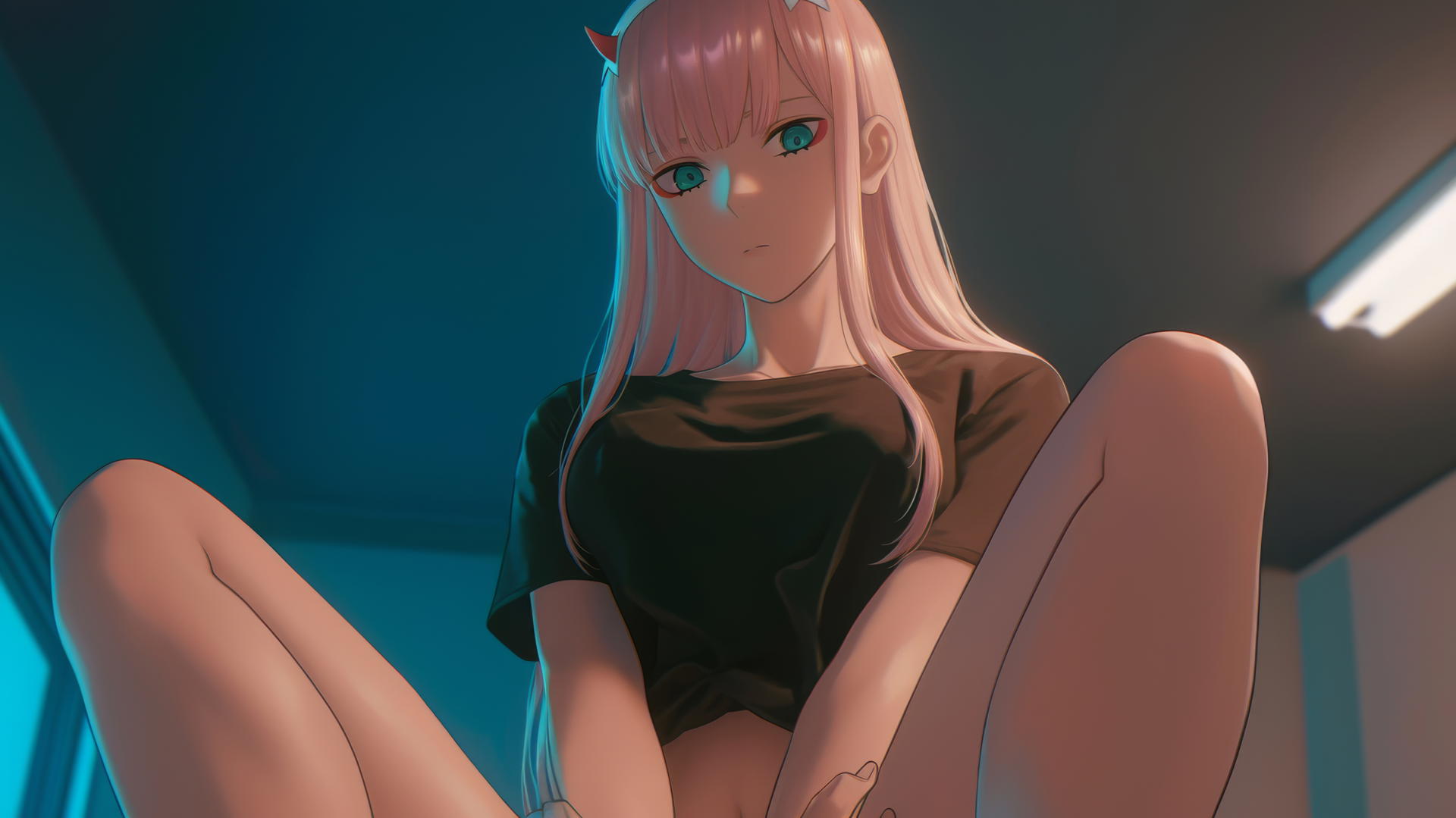 Zero Two from DARLING in the FRANXX kneeling with pink hair, neon lights overhead