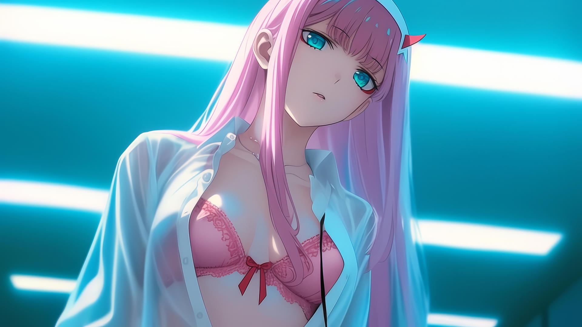Kneeling Zero Two from DARLING in the FRANXX looking down, pink hair, hotel ceiling.