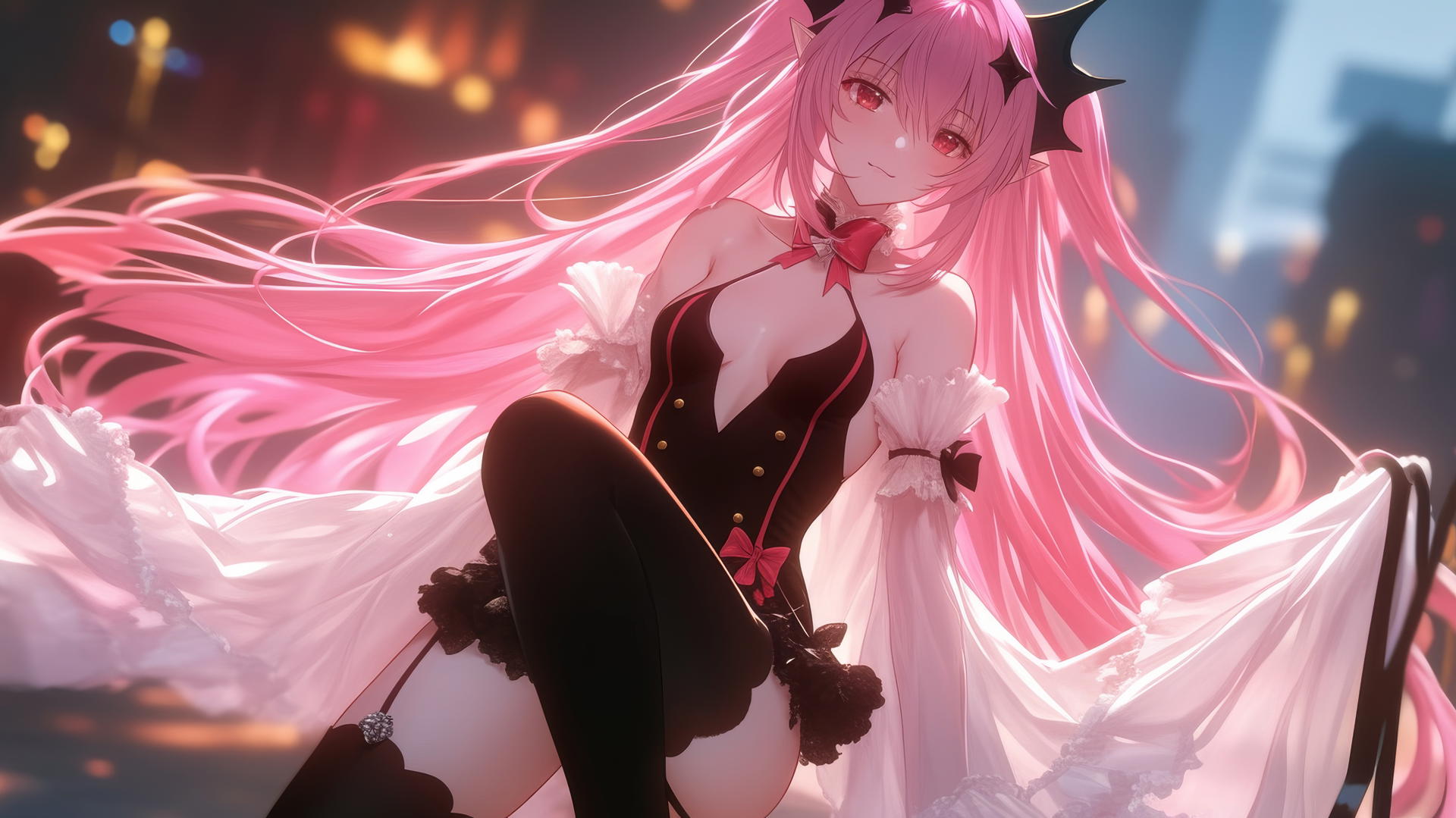Krul Tepes from Seraph of the End kneeling, looking down with red eyes, pink hair, in a hotel with warm neon light.