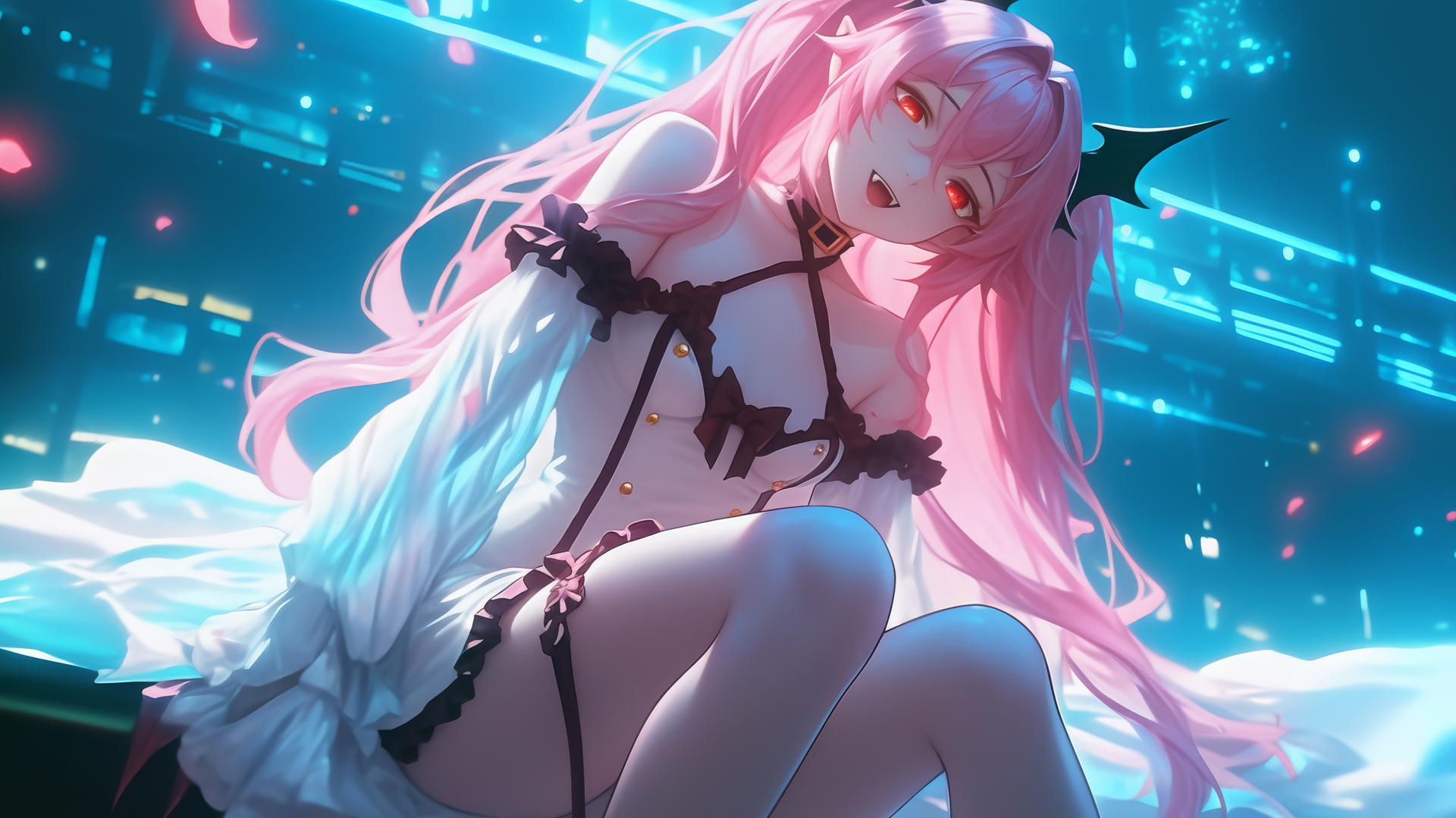 Krul Tepes kneeling with red eyes and rosy pink hair, warm hotel ceiling lighting