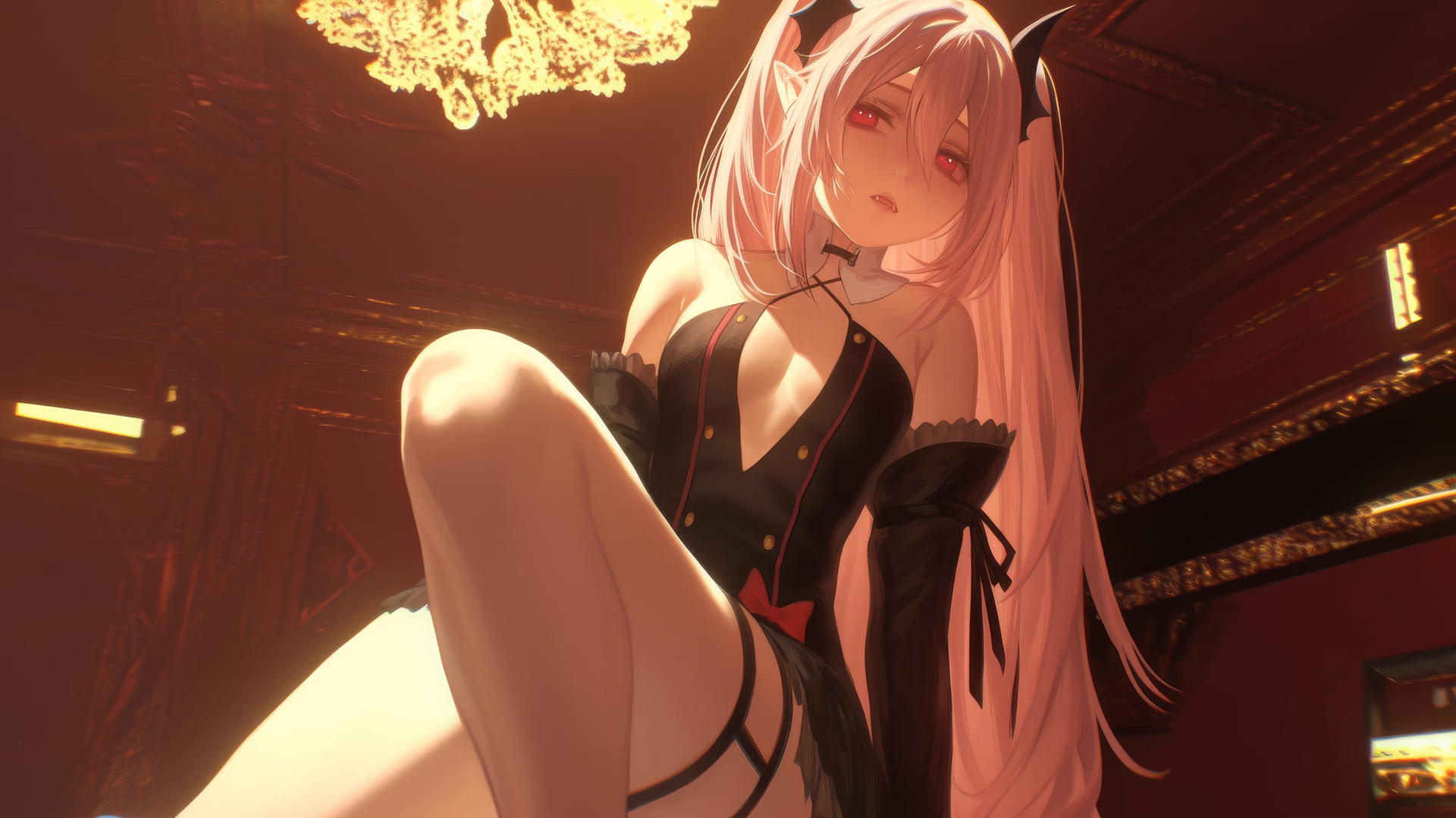 Krul Tepes from Seraph of the End kneeling and looking down, with rosy pink hair and red eyes.