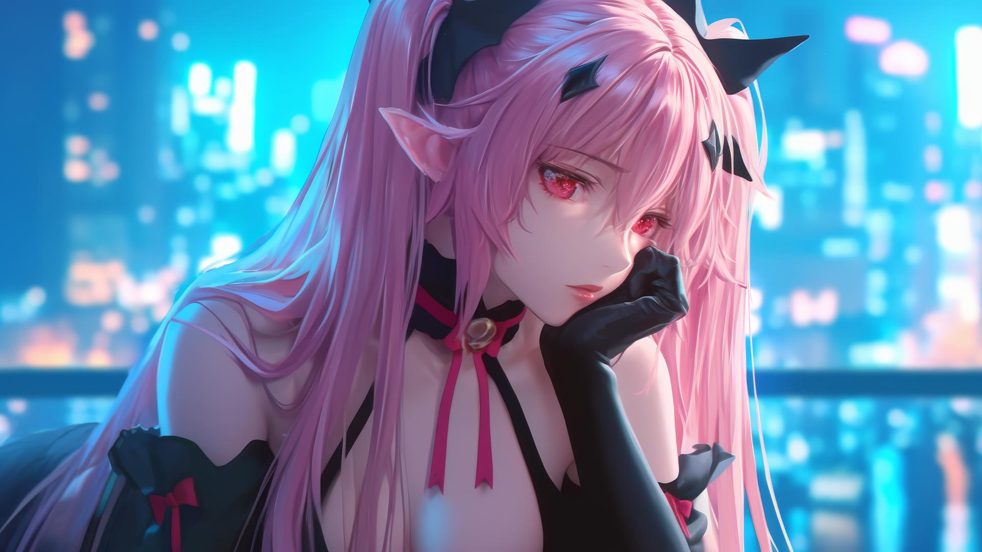 Krul Tepes with red eyes and rosy pink hair, fangs, and pointed ears, resting in a neon-lit modern hotel room.