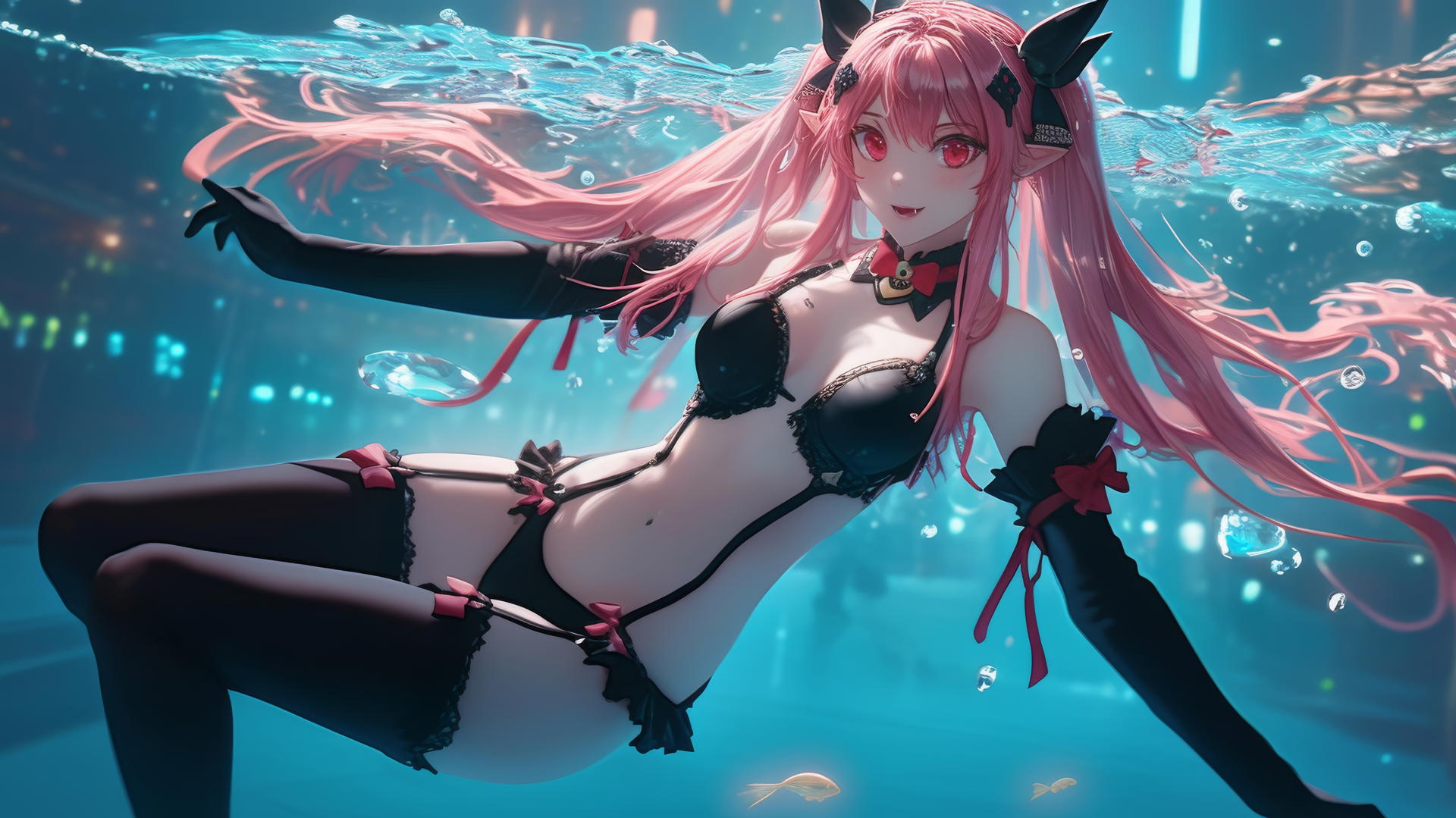 Krul Tepes from Seraph of the End with fangs and pointed ears, red eyes, and rosy pink hair, jumping out of a pool under moonlight.