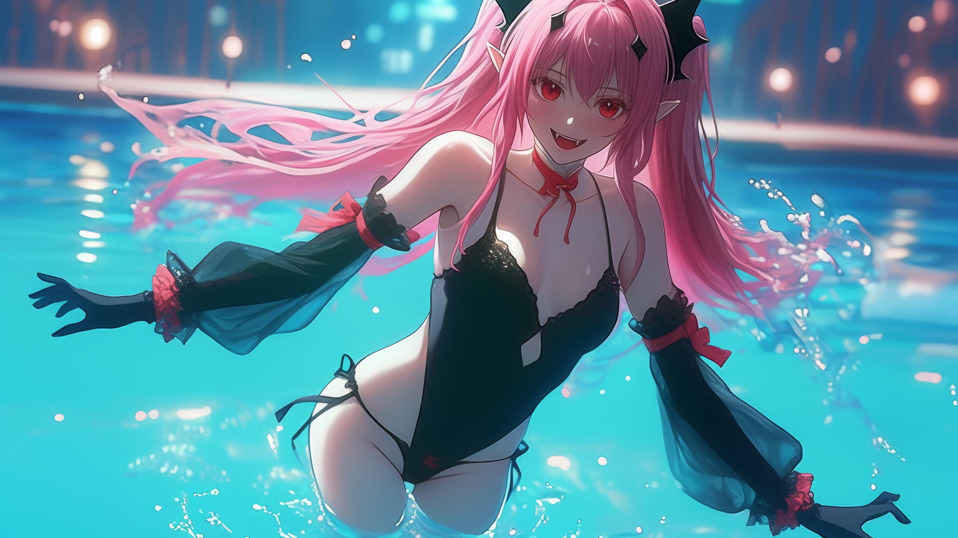 Krul Tepes with red eyes and rosy pink hair, fangs and pointed ears, jumping out of a swimming pool under moonlight.