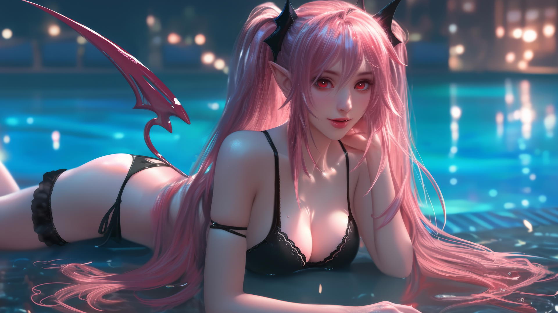 Krul Tepes with red eyes, pink hair, fangs, and pointed ears by a rainy pool with moonlight glow.