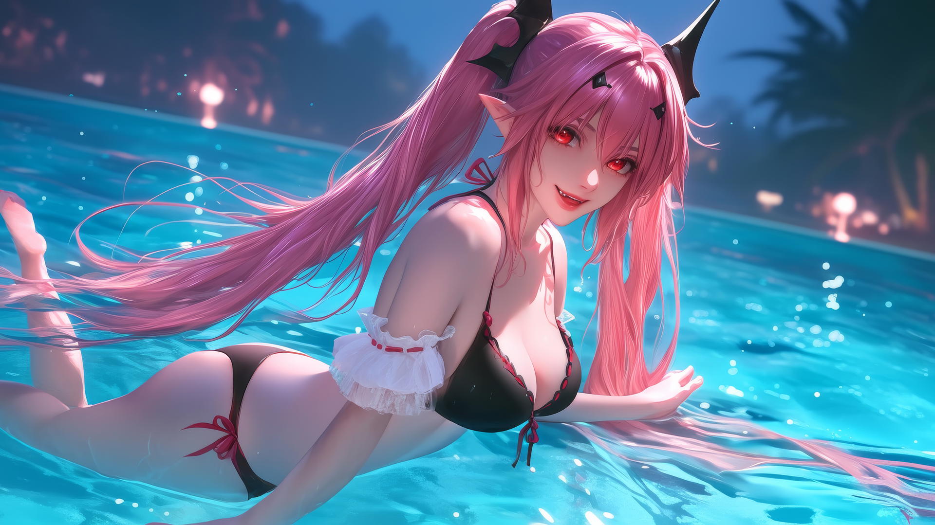 Krul Tepes with red eyes and pink hair, fangs, and pointed ears, jumping out of a swimming pool under moonlight.