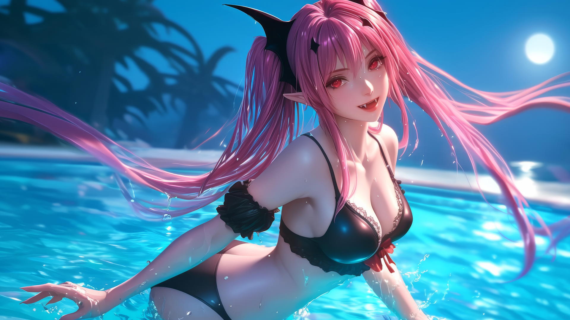 Krul Tepes with red eyes and pink hair, fangs and pointed ears, jumping out of a swimming pool under moonlight.