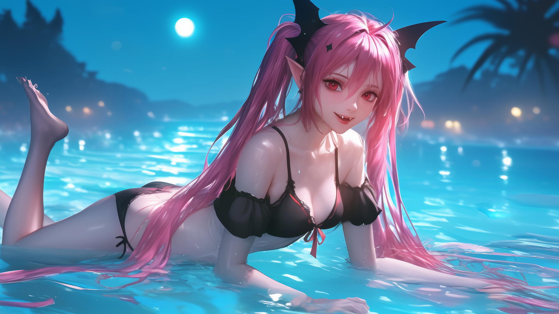 Krul Tepes with red eyes, rosy pink hair, fangs, and pointed ears jumping out of a swimming pool under moonlight
