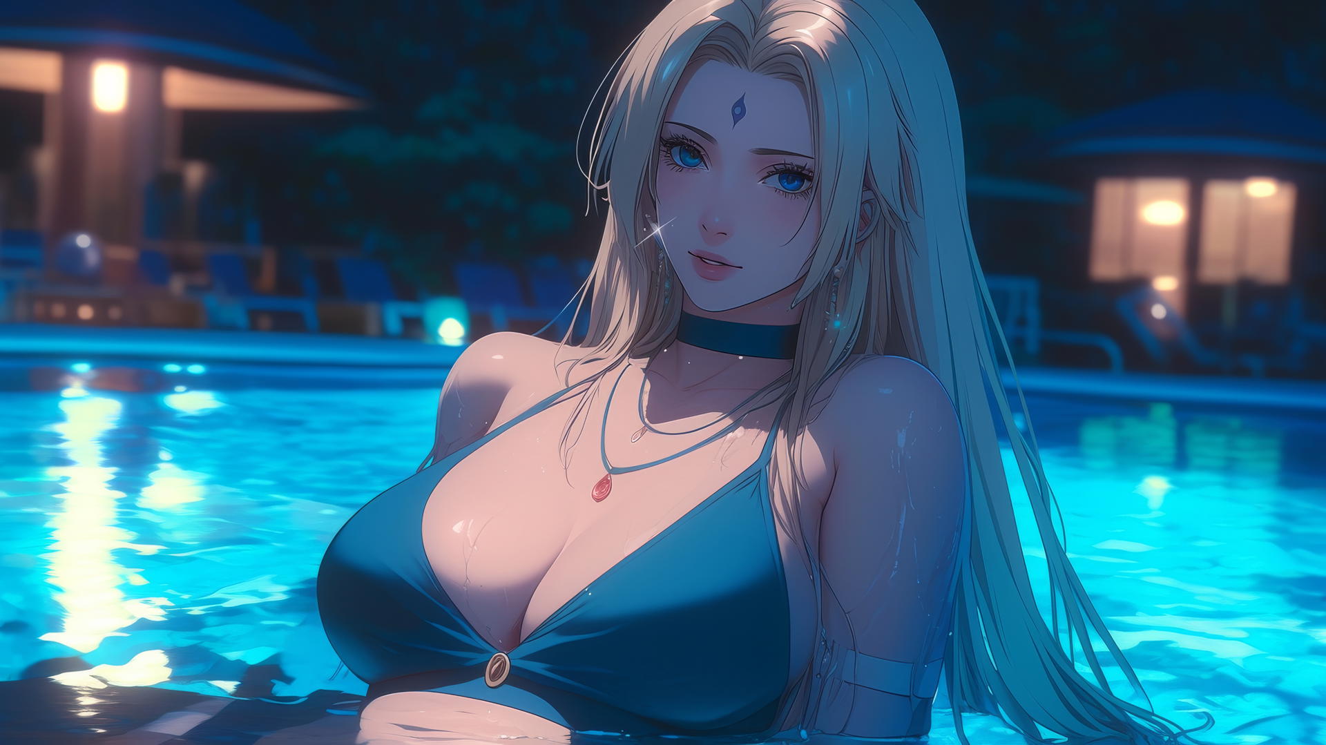 Tsunade from Naruto resting by a swimming pool under moonlight glow