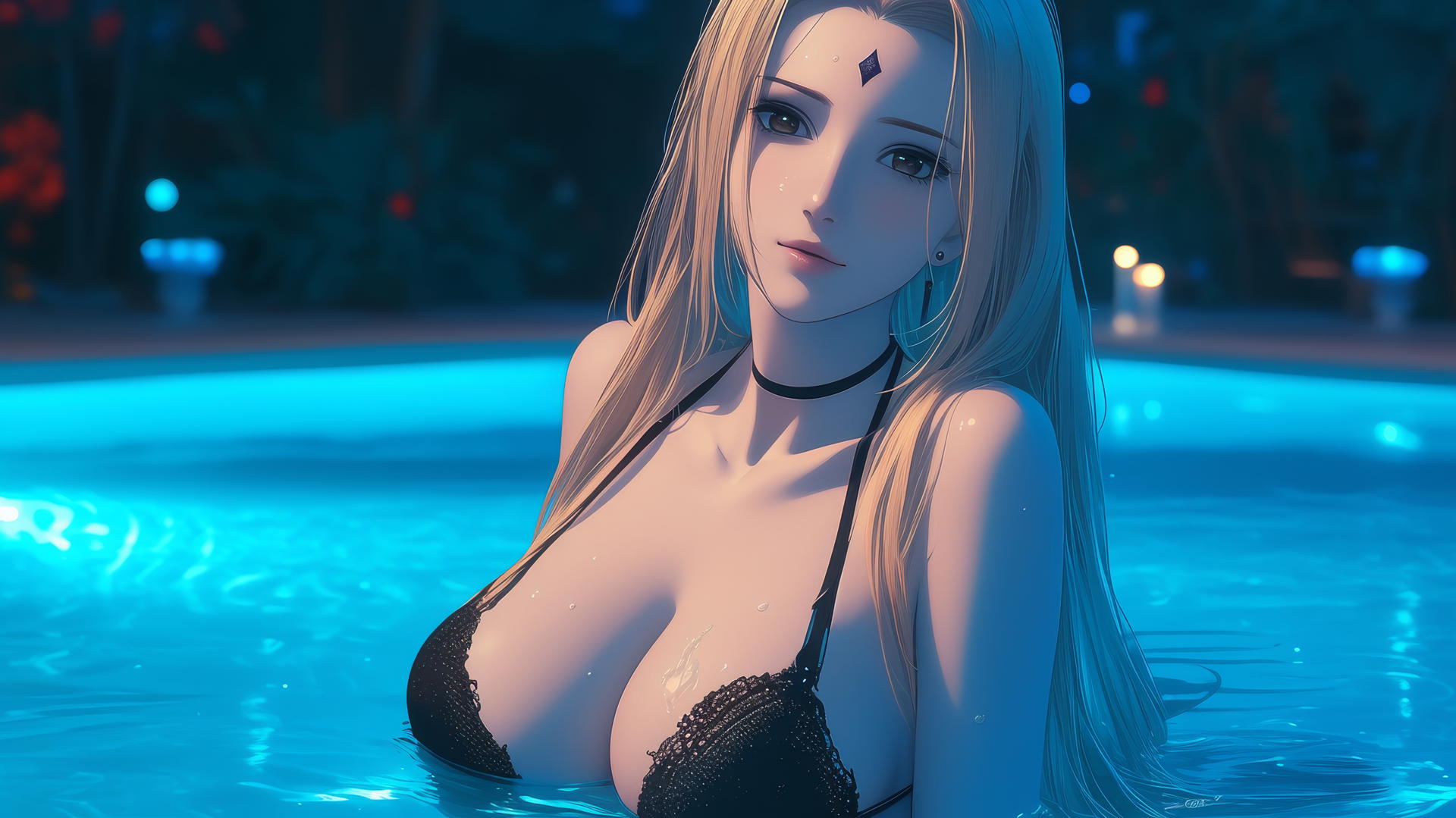 Tsunade from Naruto resting at a swimming pool under moonlight