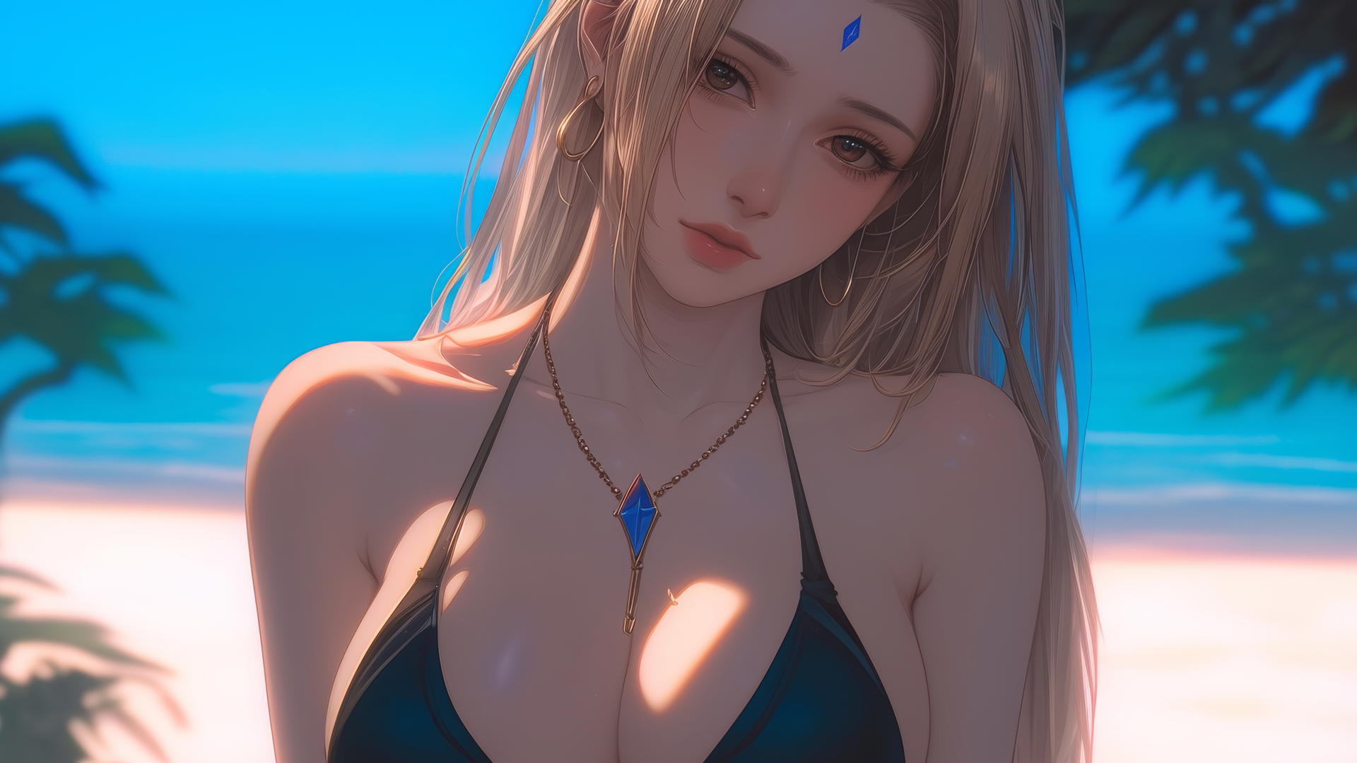 Tsunade from Naruto resting at the beach, warm light glowing on her.
