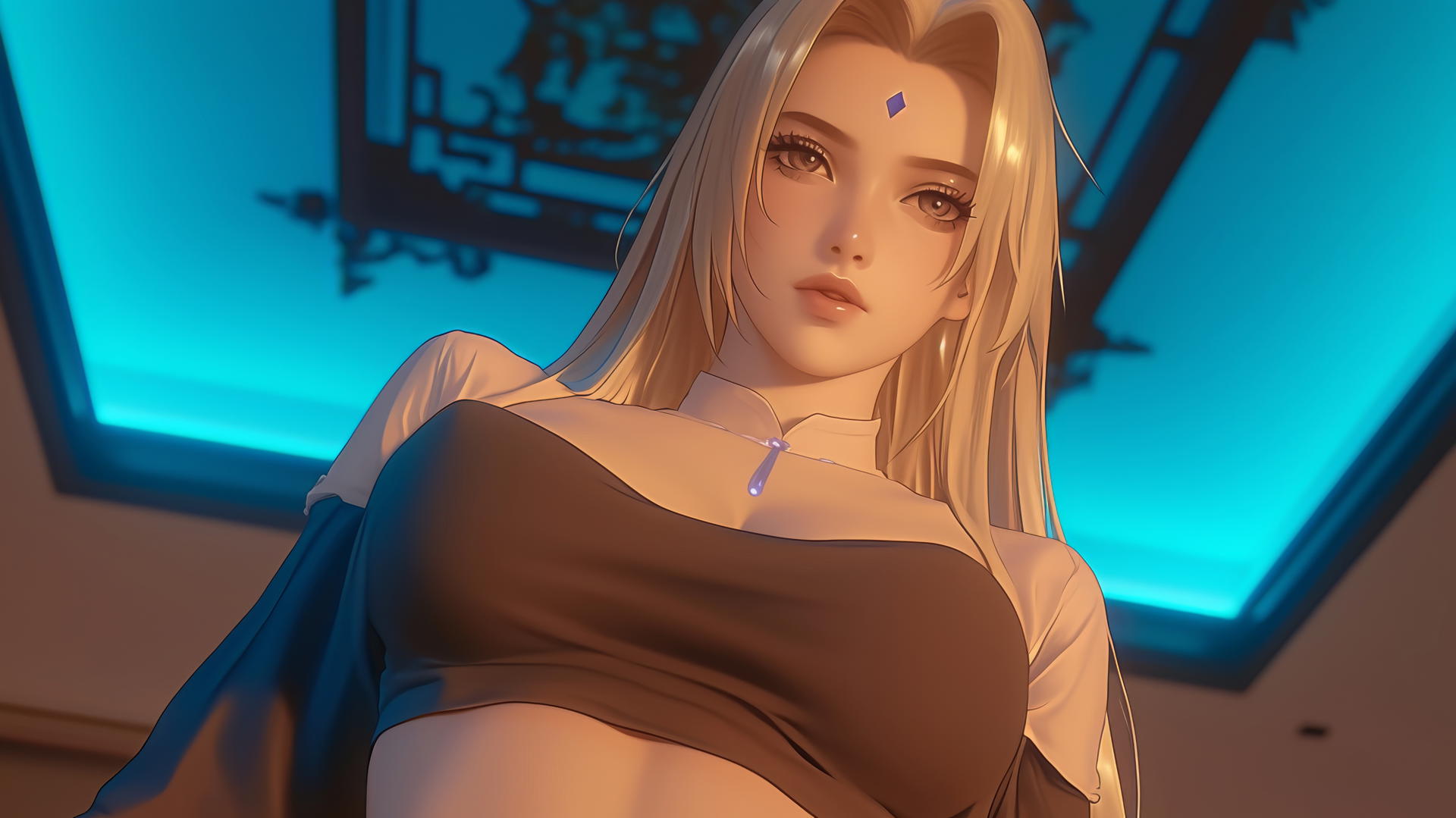 Tsunade from Naruto kneeling under warm ceiling lights, looking down.