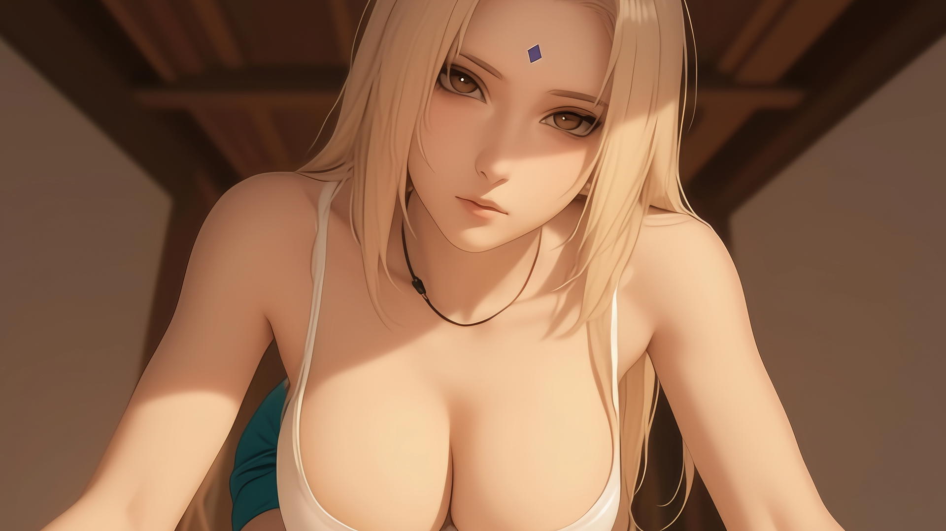 Tsunade from Naruto, kneeling and leaning forward with warm light.