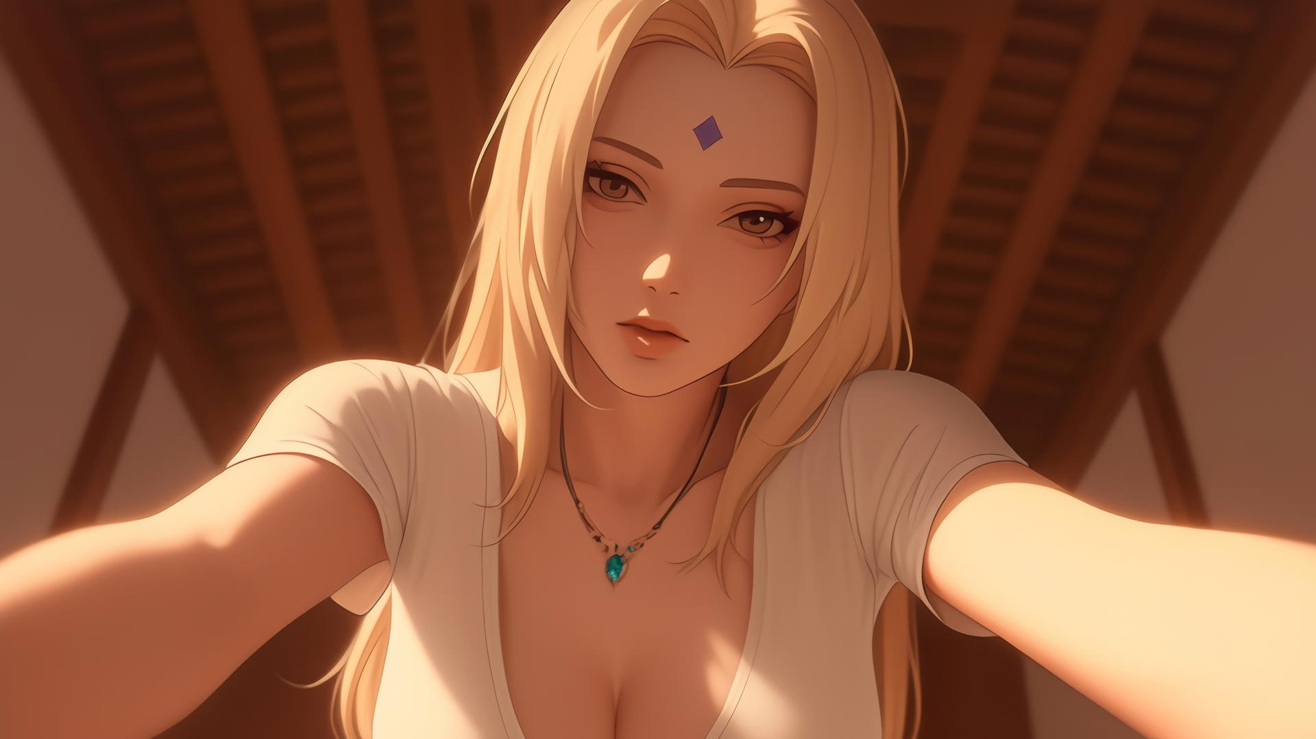 Tsunade from Naruto kneeling and leaning, seen from below with a warm light glow.