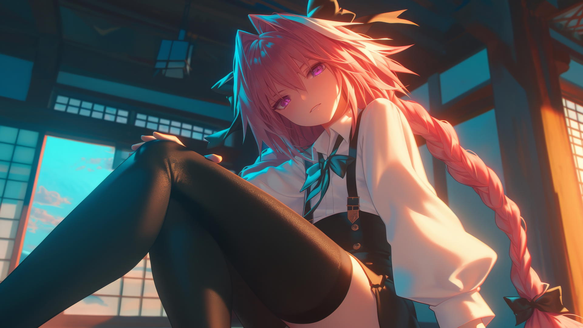 Astolfo from Type Moon kneeling and leaning, seen from below with ceiling in background
