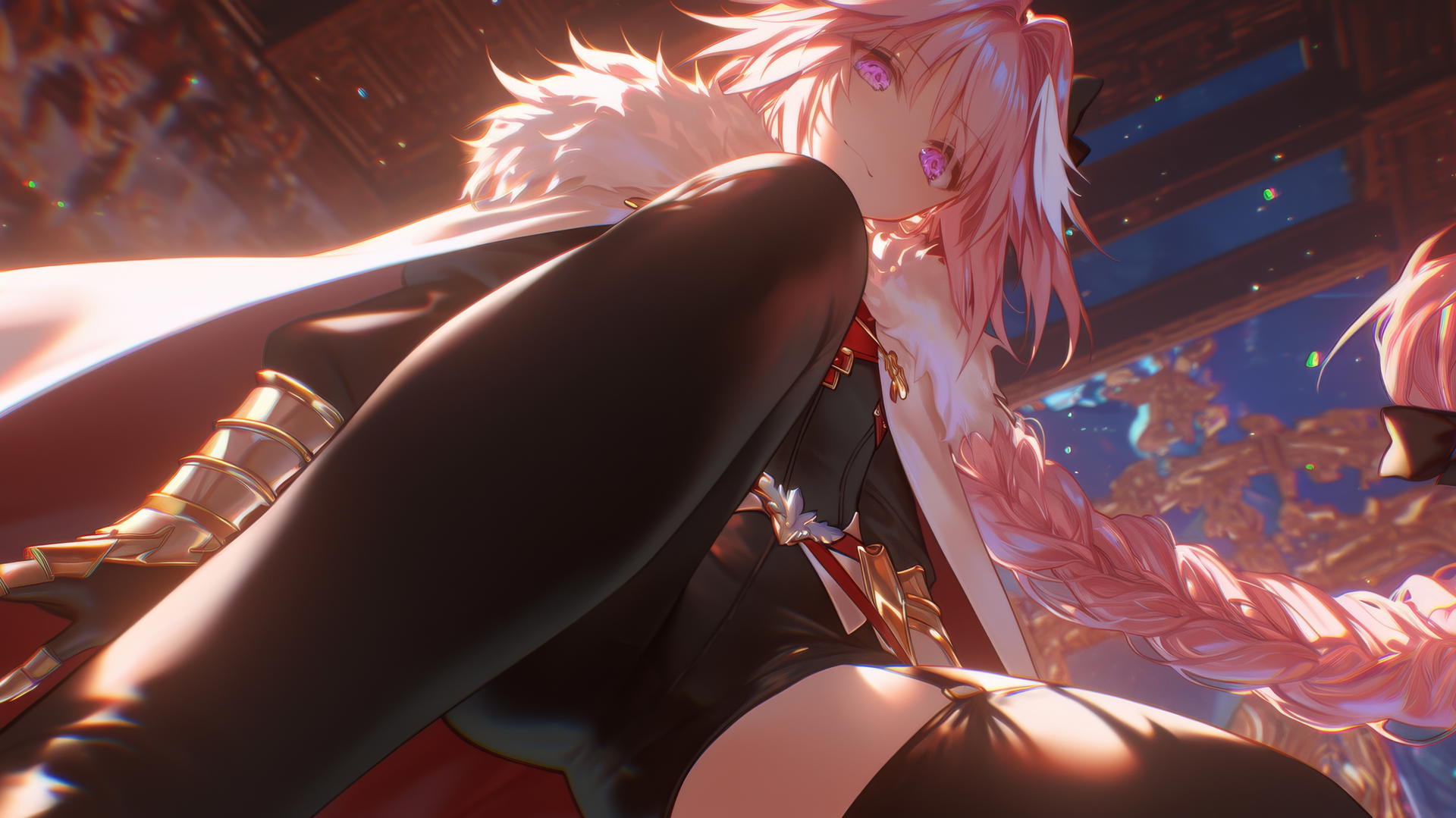 Astolfo from Type Moon kneeling and leaning, seen from below with ceiling in background