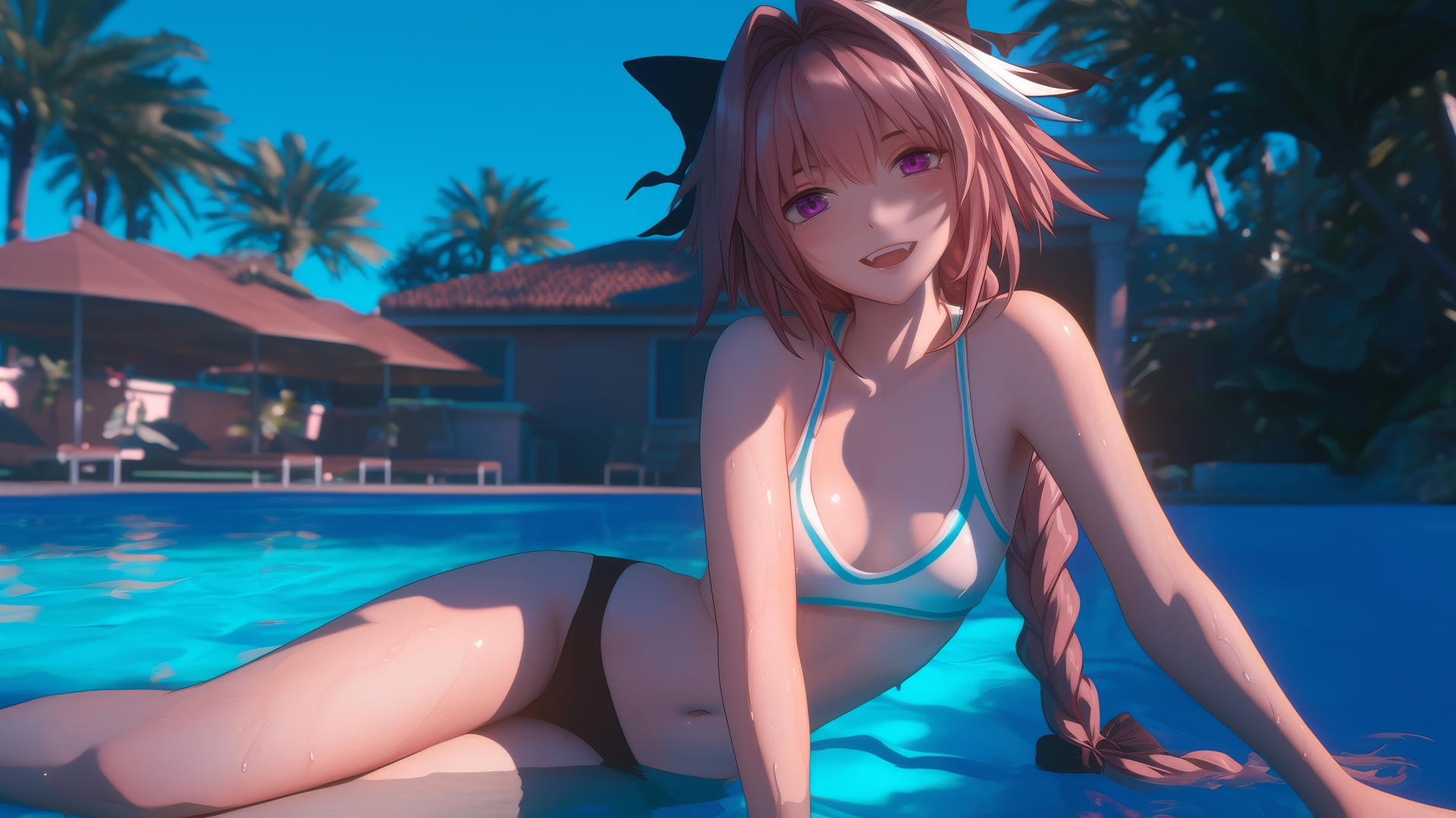 Astolfo from Type Moon resting by a swimming pool in moonlight