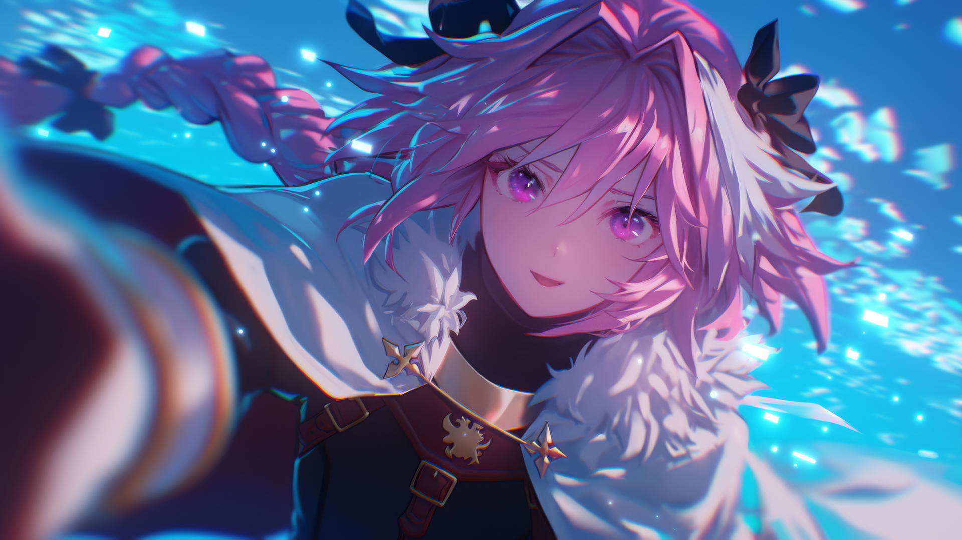 Astolfo from Type Moon kneeling and leaning forward with warm light and ceiling background.